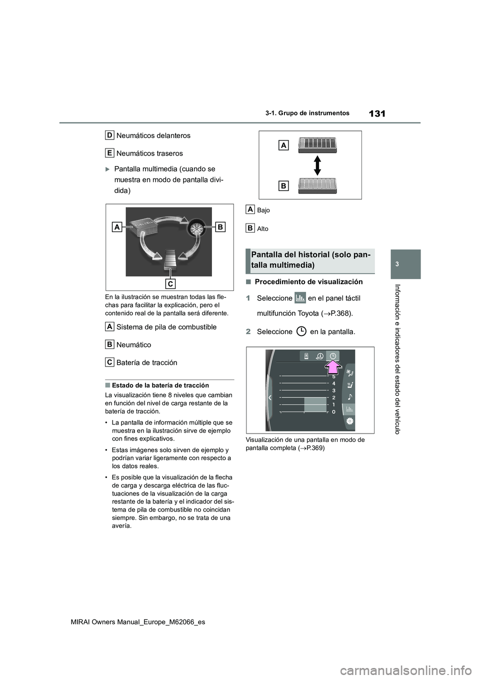 TOYOTA MIRAI 2020 Manual del propietario (in Spanish) 131
3
MIRAI Owners Manual_Europe_M62066_es
3-1. Grupo de instrumentos
Información e indicadores del estado del vehículo
Neumáticos delanteros
Neumáticos traseros
Pantalla multimedia (cuando se TOYOTA MIRAI 2020 Manual del propietario (in Spanish) 131
3
MIRAI Owners Manual_Europe_M62066_es
3-1. Grupo de instrumentos
Información e indicadores del estado del vehículo
Neumáticos delanteros
Neumáticos traseros
Pantalla multimedia (cuando se