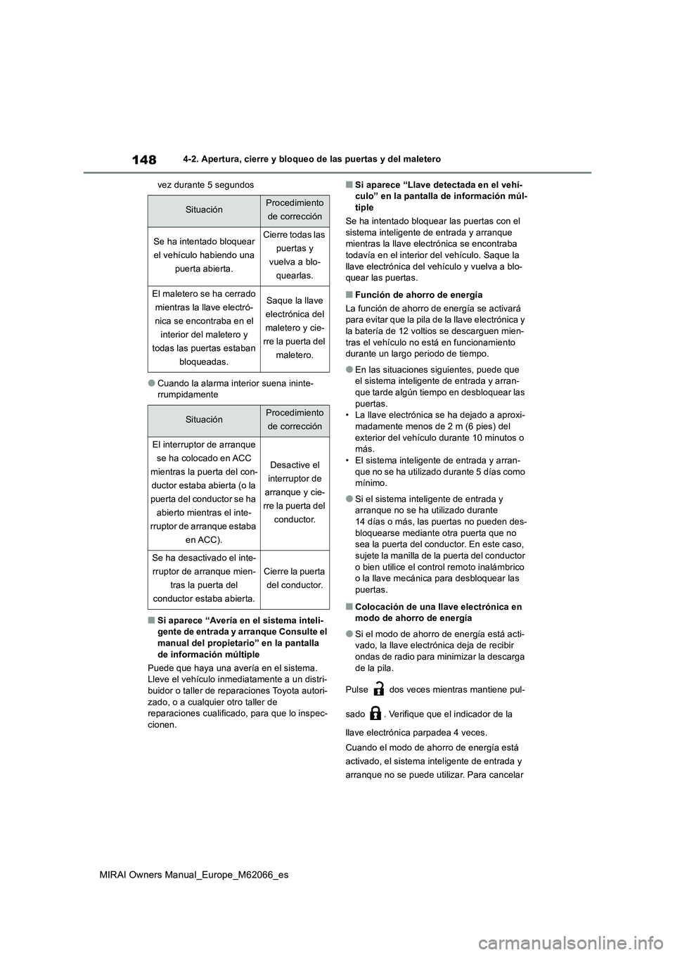 TOYOTA MIRAI 2020 Manual del propietario (in Spanish) 148
MIRAI Owners Manual_Europe_M62066_es
4-2. Apertura, cierre y bloqueo de las puertas y del maletero
vez durante 5 segundos
●Cuando la alarma interior suena ininte-
rrumpidamente
■Si aparece “ TOYOTA MIRAI 2020 Manual del propietario (in Spanish) 148
MIRAI Owners Manual_Europe_M62066_es
4-2. Apertura, cierre y bloqueo de las puertas y del maletero
vez durante 5 segundos
●Cuando la alarma interior suena ininte-
rrumpidamente
■Si aparece “