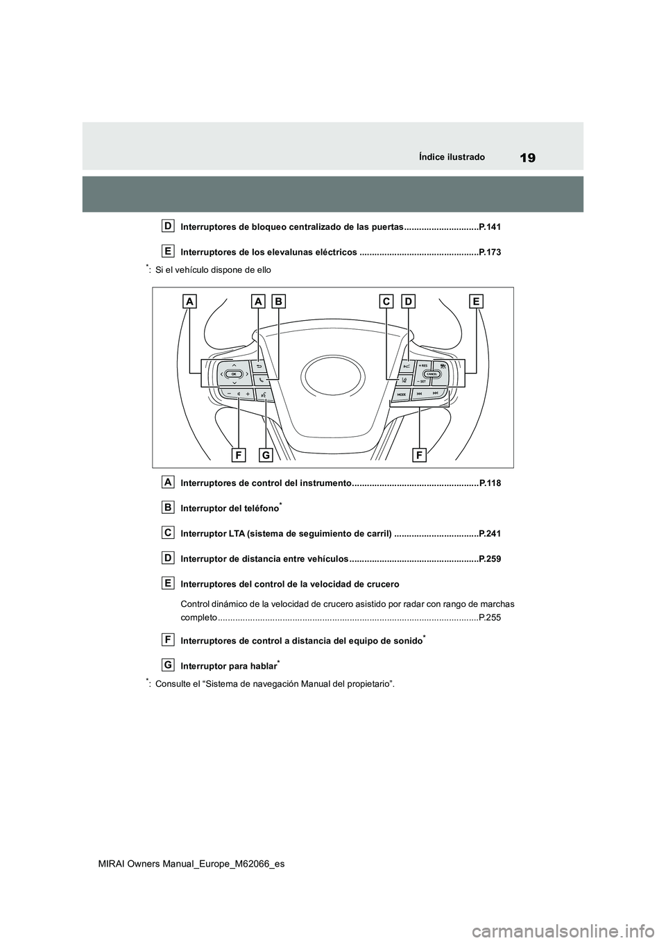 TOYOTA MIRAI 2020  Manual del propietario (in Spanish) 19
MIRAI Owners Manual_Europe_M62066_es
Índice ilustrado
Interruptores de bloqueo centralizado de las puertas..............................P.141
Interruptores de los elevalunas eléctricos ..........