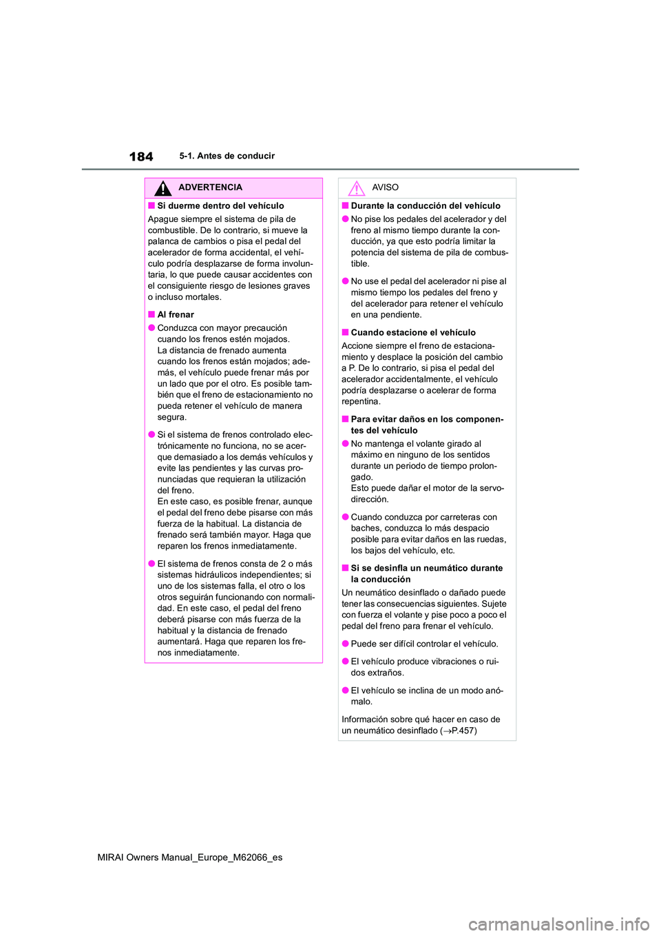 TOYOTA MIRAI 2020 Manual del propietario (in Spanish) 184
MIRAI Owners Manual_Europe_M62066_es
5-1. Antes de conducir
ADVERTENCIA
■Si duerme dentro del vehículo
Apague siempre el sistema de pila de
combustible. De lo contrario, si mueve la palanca TOYOTA MIRAI 2020 Manual del propietario (in Spanish) 184
MIRAI Owners Manual_Europe_M62066_es
5-1. Antes de conducir
ADVERTENCIA
■Si duerme dentro del vehículo
Apague siempre el sistema de pila de
combustible. De lo contrario, si mueve la palanca