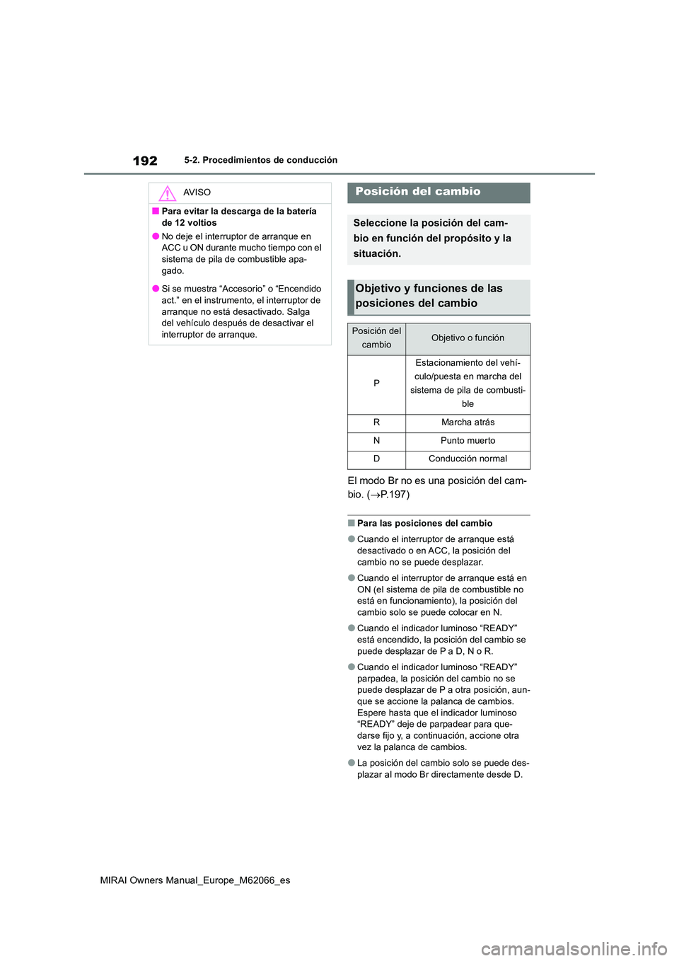 TOYOTA MIRAI 2020 Manual del propietario (in Spanish) 192
MIRAI Owners Manual_Europe_M62066_es
5-2. Procedimientos de conducción
El modo Br no es una posición del cam-
bio. ( P.197)
■Para las posiciones del cambio
●Cuando el interruptor de arra TOYOTA MIRAI 2020 Manual del propietario (in Spanish) 192
MIRAI Owners Manual_Europe_M62066_es
5-2. Procedimientos de conducción
El modo Br no es una posición del cam-
bio. ( P.197)
■Para las posiciones del cambio
●Cuando el interruptor de arra