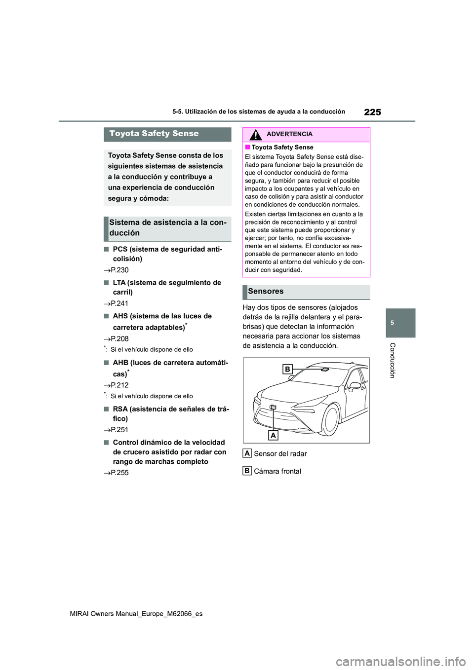 TOYOTA MIRAI 2020 Manual del propietario (in Spanish) 225
5
MIRAI Owners Manual_Europe_M62066_es
5-5. Utilización de los sistemas de ayuda a la conducción
Conducción
5-5.Utilización de lo s sis tema s d e ayuda a la condu cción
■PCS (sistema de TOYOTA MIRAI 2020 Manual del propietario (in Spanish) 225
5
MIRAI Owners Manual_Europe_M62066_es
5-5. Utilización de los sistemas de ayuda a la conducción
Conducción
5-5.Utilización de lo s sis tema s d e ayuda a la condu cción
■PCS (sistema de