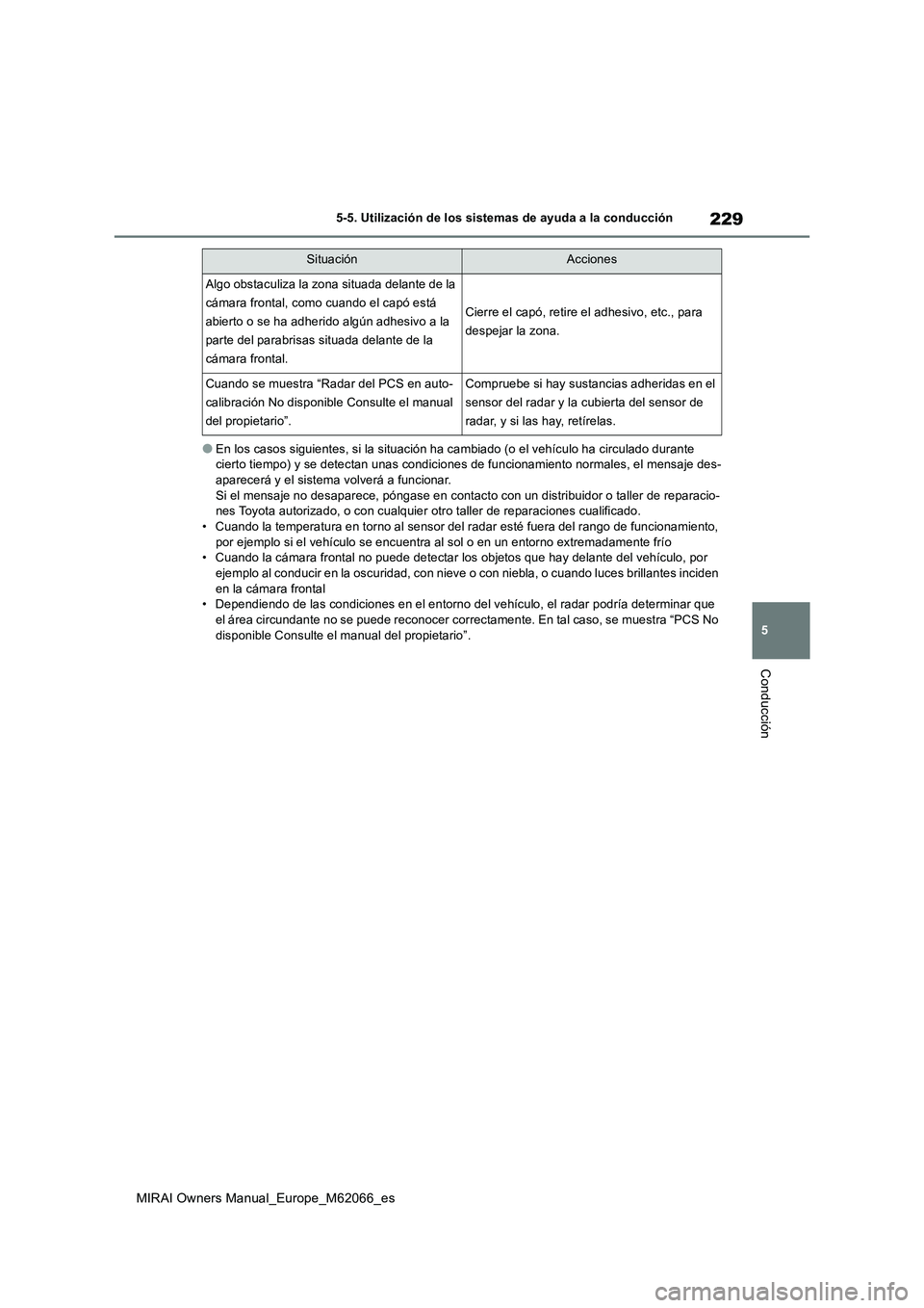 TOYOTA MIRAI 2020 Manual del propietario (in Spanish) 229
5
MIRAI Owners Manual_Europe_M62066_es
5-5. Utilización de los sistemas de ayuda a la conducción
Conducción
●En los casos siguientes, si la situación ha cambiado (o el vehículo ha circulado TOYOTA MIRAI 2020 Manual del propietario (in Spanish) 229
5
MIRAI Owners Manual_Europe_M62066_es
5-5. Utilización de los sistemas de ayuda a la conducción
Conducción
●En los casos siguientes, si la situación ha cambiado (o el vehículo ha circulado