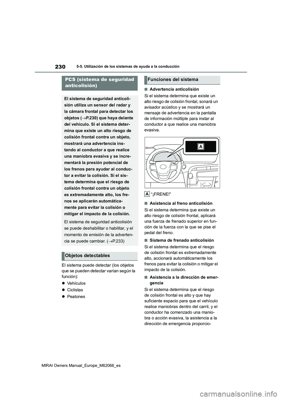 TOYOTA MIRAI 2020 Manual del propietario (in Spanish) 230
MIRAI Owners Manual_Europe_M62066_es
5-5. Utilización de los sistemas de ayuda a la conducción
El sistema puede detectar (los objetos
que se pueden detectar varían según la
función):
Veh TOYOTA MIRAI 2020 Manual del propietario (in Spanish) 230
MIRAI Owners Manual_Europe_M62066_es
5-5. Utilización de los sistemas de ayuda a la conducción
El sistema puede detectar (los objetos
que se pueden detectar varían según la
función):
Veh