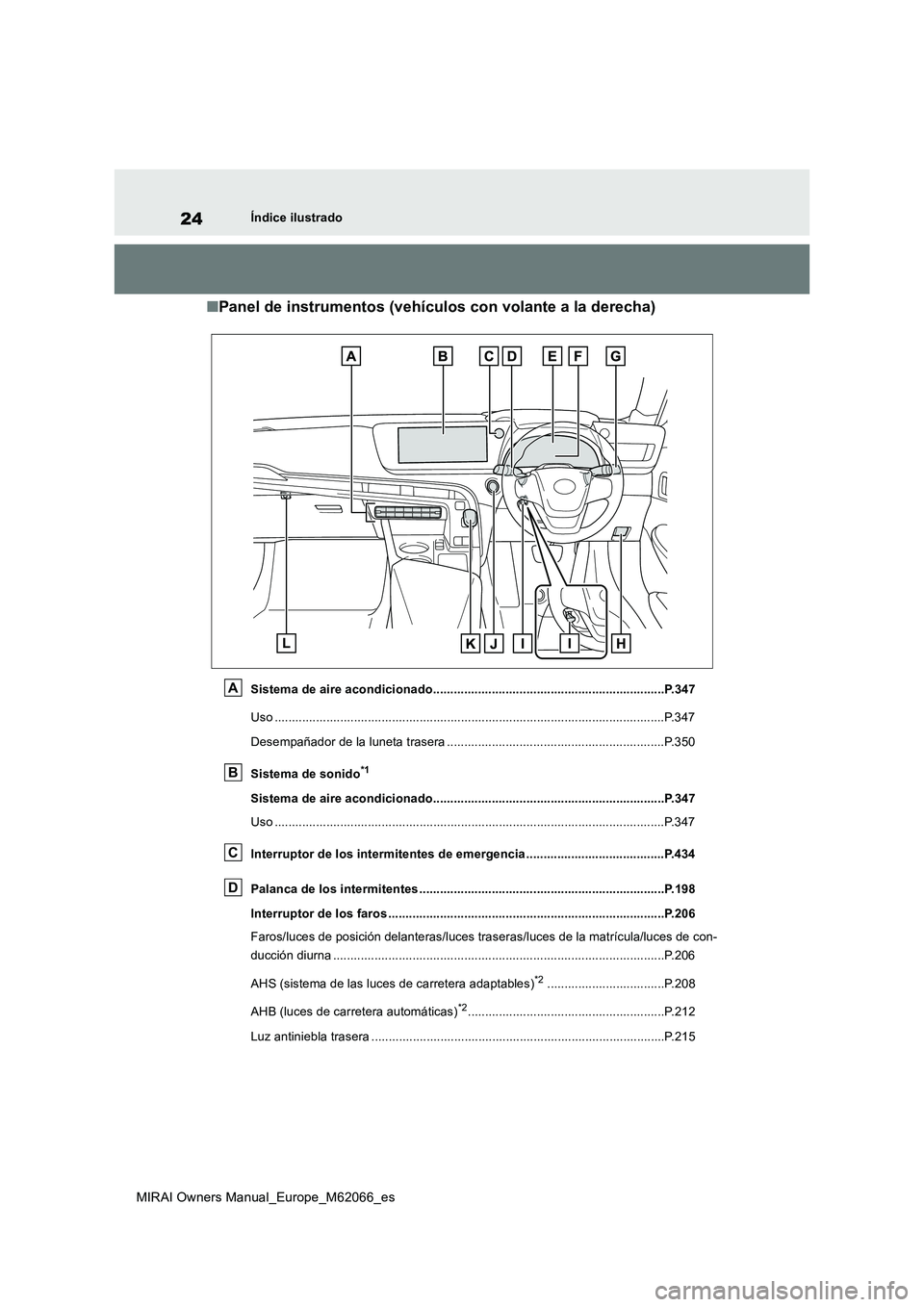 TOYOTA MIRAI 2020 Manual del propietario (in Spanish) 24
MIRAI Owners Manual_Europe_M62066_es
Índice ilustrado
■Panel de instrumentos (vehículos con volante a la derecha)
Sistema de aire acondicionado.................................................. TOYOTA MIRAI 2020 Manual del propietario (in Spanish) 24
MIRAI Owners Manual_Europe_M62066_es
Índice ilustrado
■Panel de instrumentos (vehículos con volante a la derecha)
Sistema de aire acondicionado..................................................