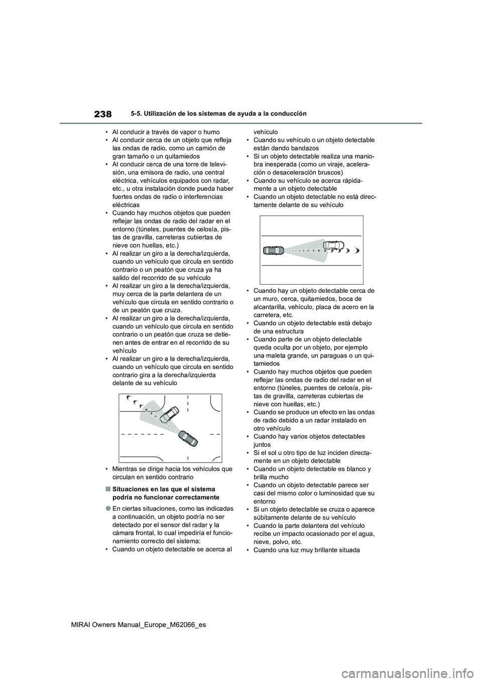 TOYOTA MIRAI 2020 Manual del propietario (in Spanish) 238
MIRAI Owners Manual_Europe_M62066_es
5-5. Utilización de los sistemas de ayuda a la conducción
• Al conducir a través de vapor o humo
• Al conducir cerca de un objeto que refleja
las ondas TOYOTA MIRAI 2020 Manual del propietario (in Spanish) 238
MIRAI Owners Manual_Europe_M62066_es
5-5. Utilización de los sistemas de ayuda a la conducción
• Al conducir a través de vapor o humo
• Al conducir cerca de un objeto que refleja
las ondas