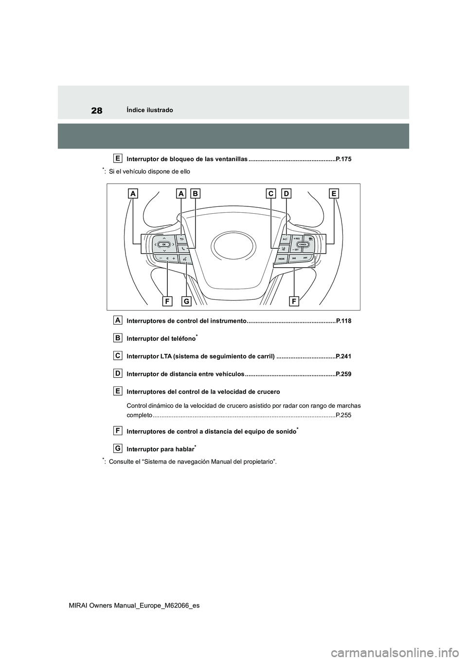 TOYOTA MIRAI 2020 Manual del propietario (in Spanish) 28
MIRAI Owners Manual_Europe_M62066_es
Índice ilustrado
Interruptor de bloqueo de las ventanillas ..................................................P.175
*: Si el vehículo dispone de ello
Interrupt TOYOTA MIRAI 2020 Manual del propietario (in Spanish) 28
MIRAI Owners Manual_Europe_M62066_es
Índice ilustrado
Interruptor de bloqueo de las ventanillas ..................................................P.175
*: Si el vehículo dispone de ello
Interrupt