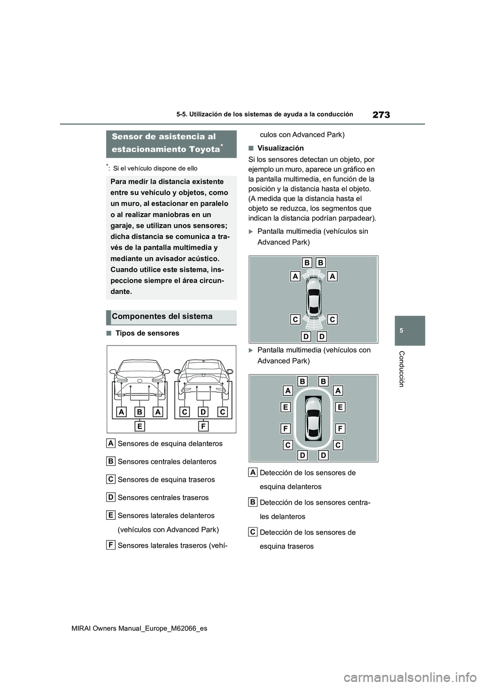 TOYOTA MIRAI 2020 Manual del propietario (in Spanish) 273
5
MIRAI Owners Manual_Europe_M62066_es
5-5. Utilización de los sistemas de ayuda a la conducción
Conducción
*: Si el vehículo dispone de ello
■Tipos de sensores
Sensores de esquina delantero TOYOTA MIRAI 2020 Manual del propietario (in Spanish) 273
5
MIRAI Owners Manual_Europe_M62066_es
5-5. Utilización de los sistemas de ayuda a la conducción
Conducción
*: Si el vehículo dispone de ello
■Tipos de sensores
Sensores de esquina delantero