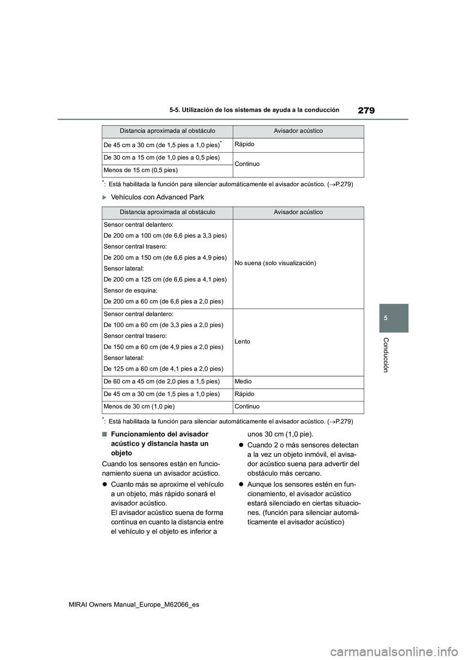 TOYOTA MIRAI 2020 Manual del propietario (in Spanish) 279
5
MIRAI Owners Manual_Europe_M62066_es
5-5. Utilización de los sistemas de ayuda a la conducción
Conducción
*: Está habilitada la función para silenciar automáticamente el avisador acústico TOYOTA MIRAI 2020 Manual del propietario (in Spanish) 279
5
MIRAI Owners Manual_Europe_M62066_es
5-5. Utilización de los sistemas de ayuda a la conducción
Conducción
*: Está habilitada la función para silenciar automáticamente el avisador acústico