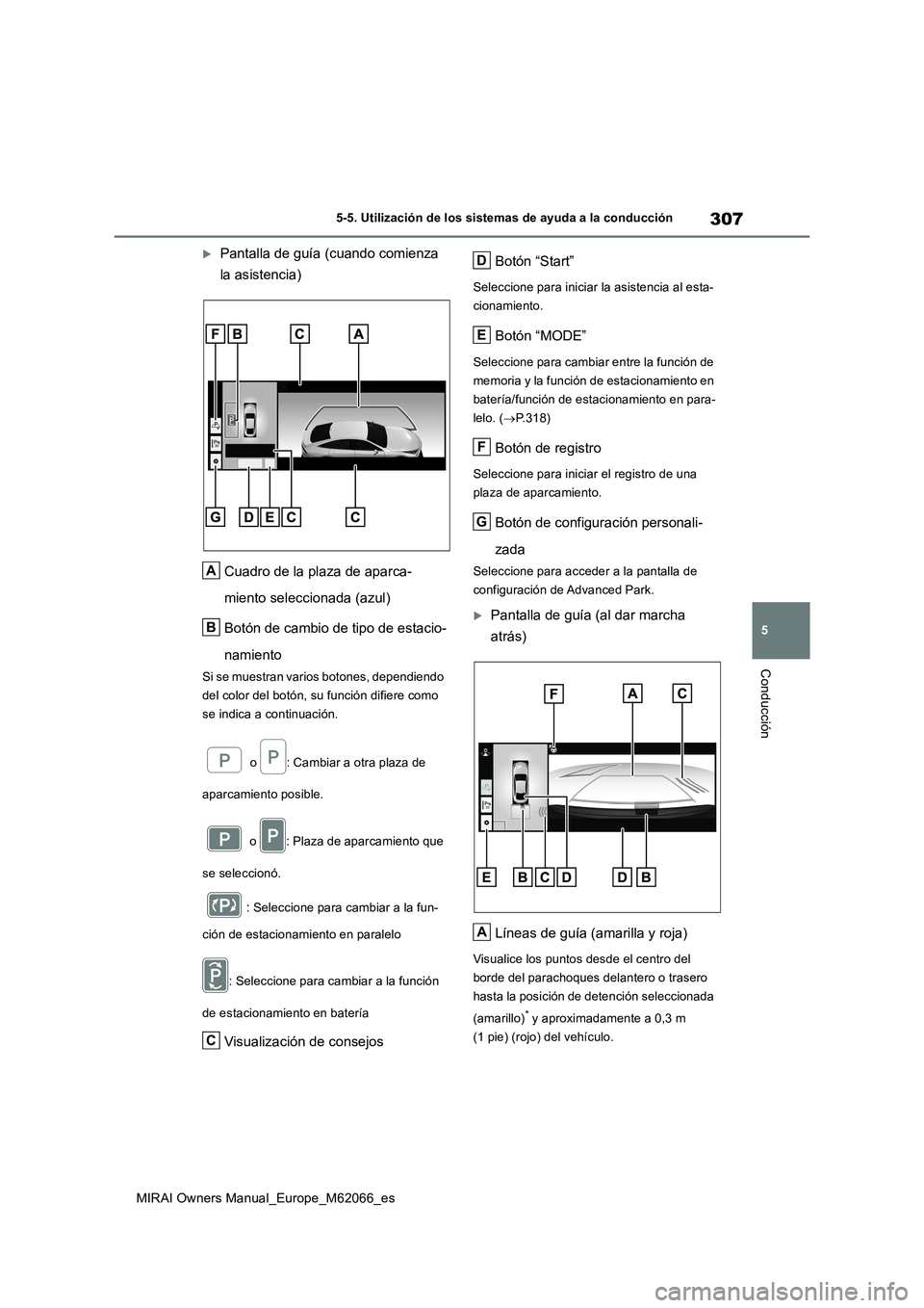 TOYOTA MIRAI 2020 Manual del propietario (in Spanish) 307
5
MIRAI Owners Manual_Europe_M62066_es
5-5. Utilización de los sistemas de ayuda a la conducción
Conducción
Pantalla de guía (cuando comienza
la asistencia)
Cuadro de la plaza de aparca-
m TOYOTA MIRAI 2020 Manual del propietario (in Spanish) 307
5
MIRAI Owners Manual_Europe_M62066_es
5-5. Utilización de los sistemas de ayuda a la conducción
Conducción
Pantalla de guía (cuando comienza
la asistencia)
Cuadro de la plaza de aparca-
m