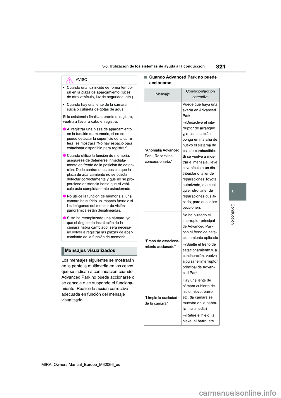 TOYOTA MIRAI 2020 Manual del propietario (in Spanish) 321
5
MIRAI Owners Manual_Europe_M62066_es
5-5. Utilización de los sistemas de ayuda a la conducción
Conducción
Los mensajes siguientes se mostrarán
en la pantalla multimedia en los casos
que s TOYOTA MIRAI 2020 Manual del propietario (in Spanish) 321
5
MIRAI Owners Manual_Europe_M62066_es
5-5. Utilización de los sistemas de ayuda a la conducción
Conducción
Los mensajes siguientes se mostrarán
en la pantalla multimedia en los casos
que s