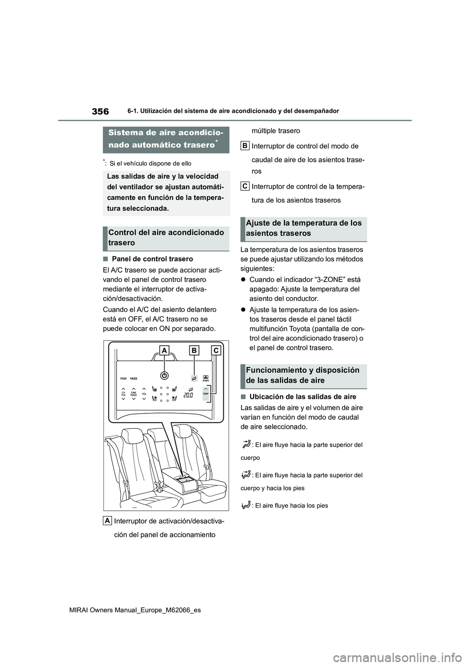 TOYOTA MIRAI 2020 Manual del propietario (in Spanish) 356
MIRAI Owners Manual_Europe_M62066_es
6-1. Utilización del sistema de aire acondicionado y del desempañador
*: Si el vehículo dispone de ello
■Panel de control trasero
El A/C trasero se puede TOYOTA MIRAI 2020 Manual del propietario (in Spanish) 356
MIRAI Owners Manual_Europe_M62066_es
6-1. Utilización del sistema de aire acondicionado y del desempañador
*: Si el vehículo dispone de ello
■Panel de control trasero
El A/C trasero se puede