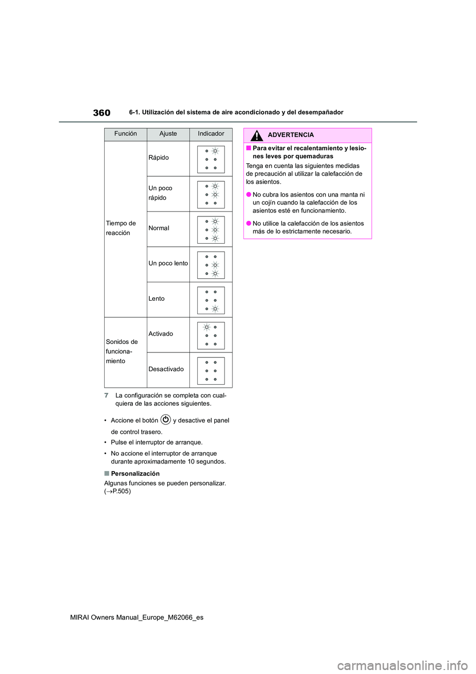 TOYOTA MIRAI 2020 Manual del propietario (in Spanish) 360
MIRAI Owners Manual_Europe_M62066_es
6-1. Utilización del sistema de aire acondicionado y del desempañador
7 La configuración se completa con cual- quiera de las acciones siguientes.
• Acci TOYOTA MIRAI 2020 Manual del propietario (in Spanish) 360
MIRAI Owners Manual_Europe_M62066_es
6-1. Utilización del sistema de aire acondicionado y del desempañador
7 La configuración se completa con cual- quiera de las acciones siguientes.
• Acci
