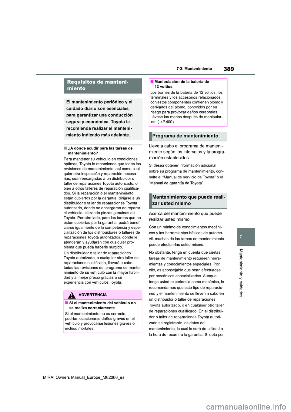 TOYOTA MIRAI 2020 Manual del propietario (in Spanish) 389
7
MIRAI Owners Manual_Europe_M62066_es
7-2. Mantenimiento
Mantenimiento y cuidados
7-2.Mantenimien to
■¿A dónde acudir para las tareas de
mantenimiento?
Para mantener su vehículo en condic TOYOTA MIRAI 2020 Manual del propietario (in Spanish) 389
7
MIRAI Owners Manual_Europe_M62066_es
7-2. Mantenimiento
Mantenimiento y cuidados
7-2.Mantenimien to
■¿A dónde acudir para las tareas de
mantenimiento?
Para mantener su vehículo en condic