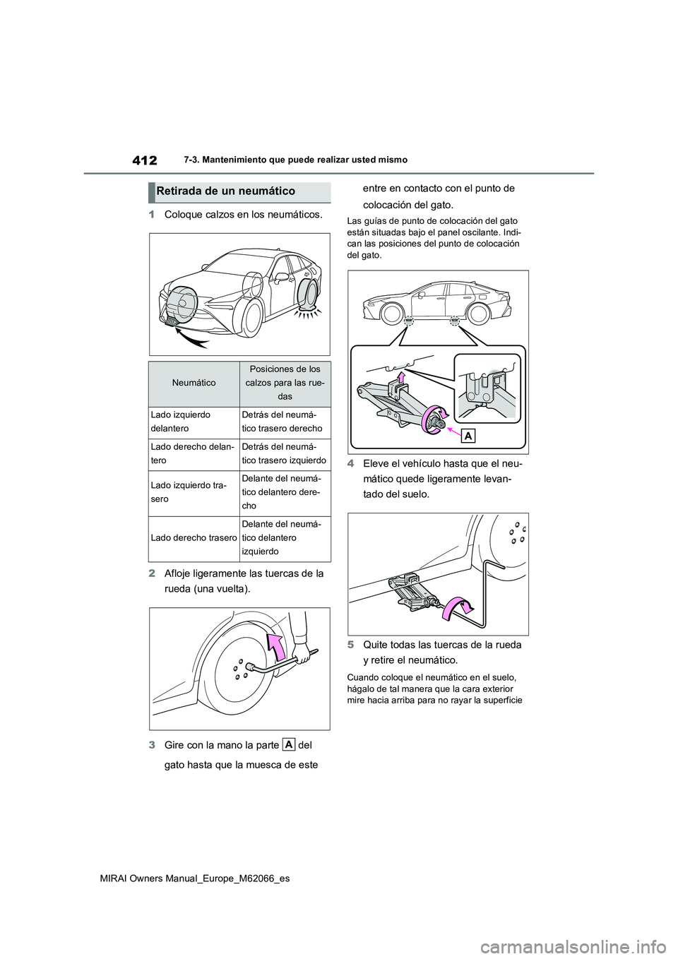 TOYOTA MIRAI 2020 Manual del propietario (in Spanish) 412
MIRAI Owners Manual_Europe_M62066_es
7-3. Mantenimiento que puede realizar usted mismo
1Coloque calzos en los neumáticos.
2 Afloje ligeramente las tuercas de la
rueda (una vuelta).
3 Gire con TOYOTA MIRAI 2020 Manual del propietario (in Spanish) 412
MIRAI Owners Manual_Europe_M62066_es
7-3. Mantenimiento que puede realizar usted mismo
1Coloque calzos en los neumáticos.
2 Afloje ligeramente las tuercas de la
rueda (una vuelta).
3 Gire con