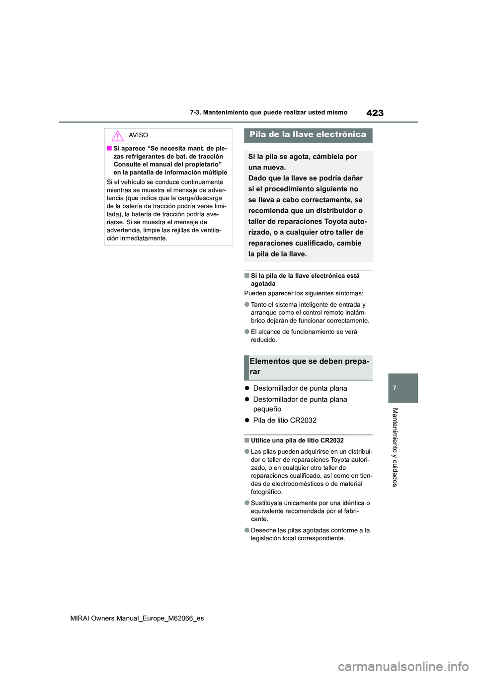 TOYOTA MIRAI 2020 Manual del propietario (in Spanish) 423
7
MIRAI Owners Manual_Europe_M62066_es
7-3. Mantenimiento que puede realizar usted mismo
Mantenimiento y cuidados
■Si la pila de la llave electrónica está agotada
Pueden aparecer los siguien TOYOTA MIRAI 2020 Manual del propietario (in Spanish) 423
7
MIRAI Owners Manual_Europe_M62066_es
7-3. Mantenimiento que puede realizar usted mismo
Mantenimiento y cuidados
■Si la pila de la llave electrónica está agotada
Pueden aparecer los siguien