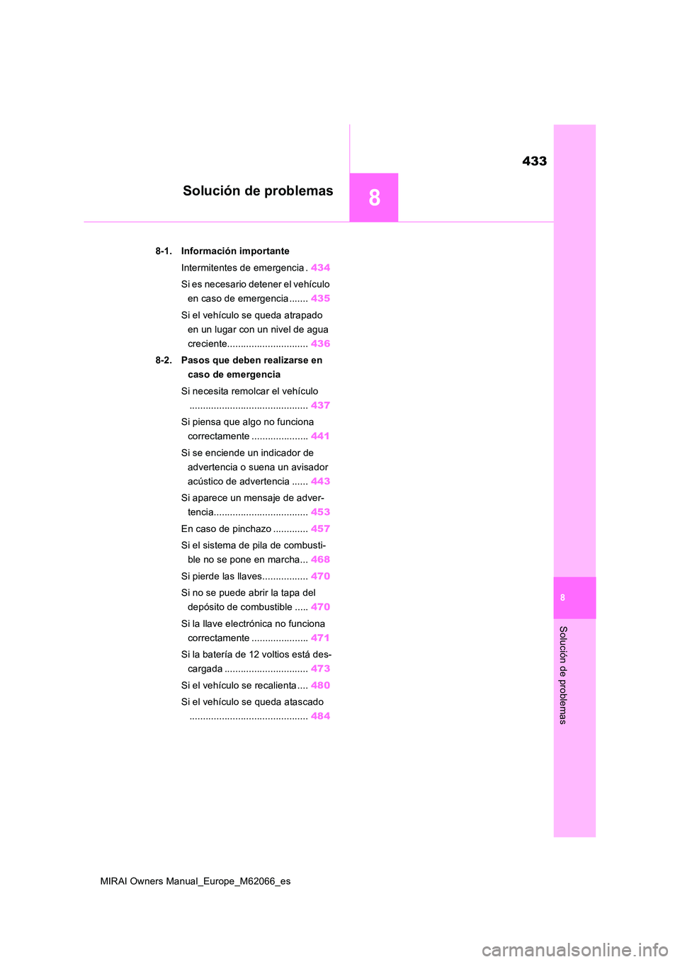 TOYOTA MIRAI 2020 Manual del propietario (in Spanish) 8
433
MIRAI Owners Manual_Europe_M62066_es
8
Solución de problemas
Solución de problemas
8-1. Información importante
Intermitentes de emergencia . 434
Si es necesario detener el vehículo
en ca TOYOTA MIRAI 2020 Manual del propietario (in Spanish) 8
433
MIRAI Owners Manual_Europe_M62066_es
8
Solución de problemas
Solución de problemas
8-1. Información importante
Intermitentes de emergencia . 434
Si es necesario detener el vehículo
en ca