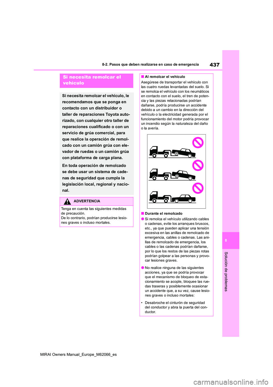 TOYOTA MIRAI 2020 Manual del propietario (in Spanish) 437
8
MIRAI Owners Manual_Europe_M62066_es
8-2. Pasos que deben realizarse en caso de emergencia
Solución de problemas
8-2.Paso s que debe n realizarse en ca so de emerg enciaSi necesita remolcar el TOYOTA MIRAI 2020 Manual del propietario (in Spanish) 437
8
MIRAI Owners Manual_Europe_M62066_es
8-2. Pasos que deben realizarse en caso de emergencia
Solución de problemas
8-2.Paso s que debe n realizarse en ca so de emerg enciaSi necesita remolcar el