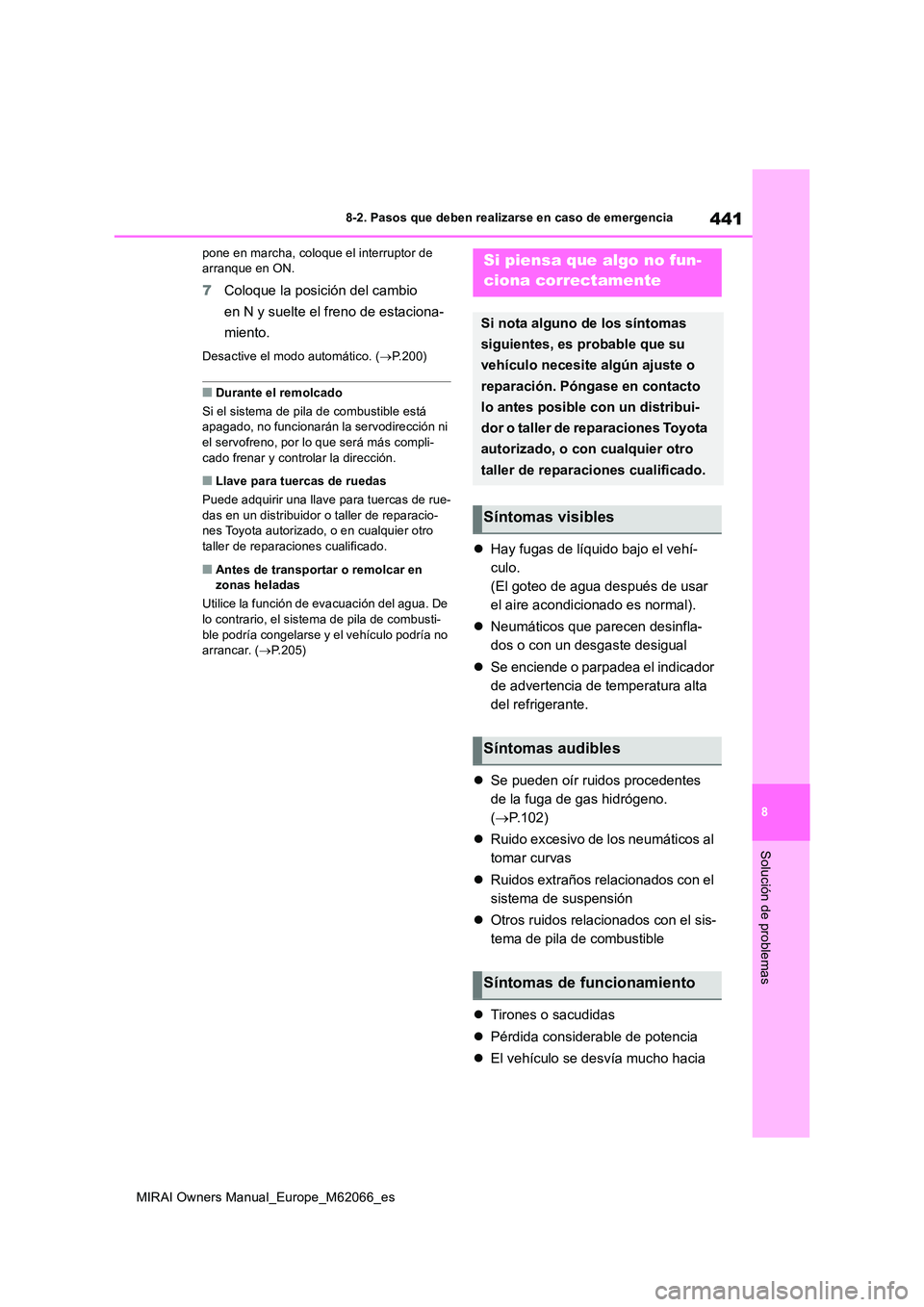 TOYOTA MIRAI 2020 Manual del propietario (in Spanish) 441
8
MIRAI Owners Manual_Europe_M62066_es
8-2. Pasos que deben realizarse en caso de emergencia
Solución de problemas
pone en marcha, coloque el interruptor de arranque en ON.
7 Coloque la posició TOYOTA MIRAI 2020 Manual del propietario (in Spanish) 441
8
MIRAI Owners Manual_Europe_M62066_es
8-2. Pasos que deben realizarse en caso de emergencia
Solución de problemas
pone en marcha, coloque el interruptor de arranque en ON.
7 Coloque la posició