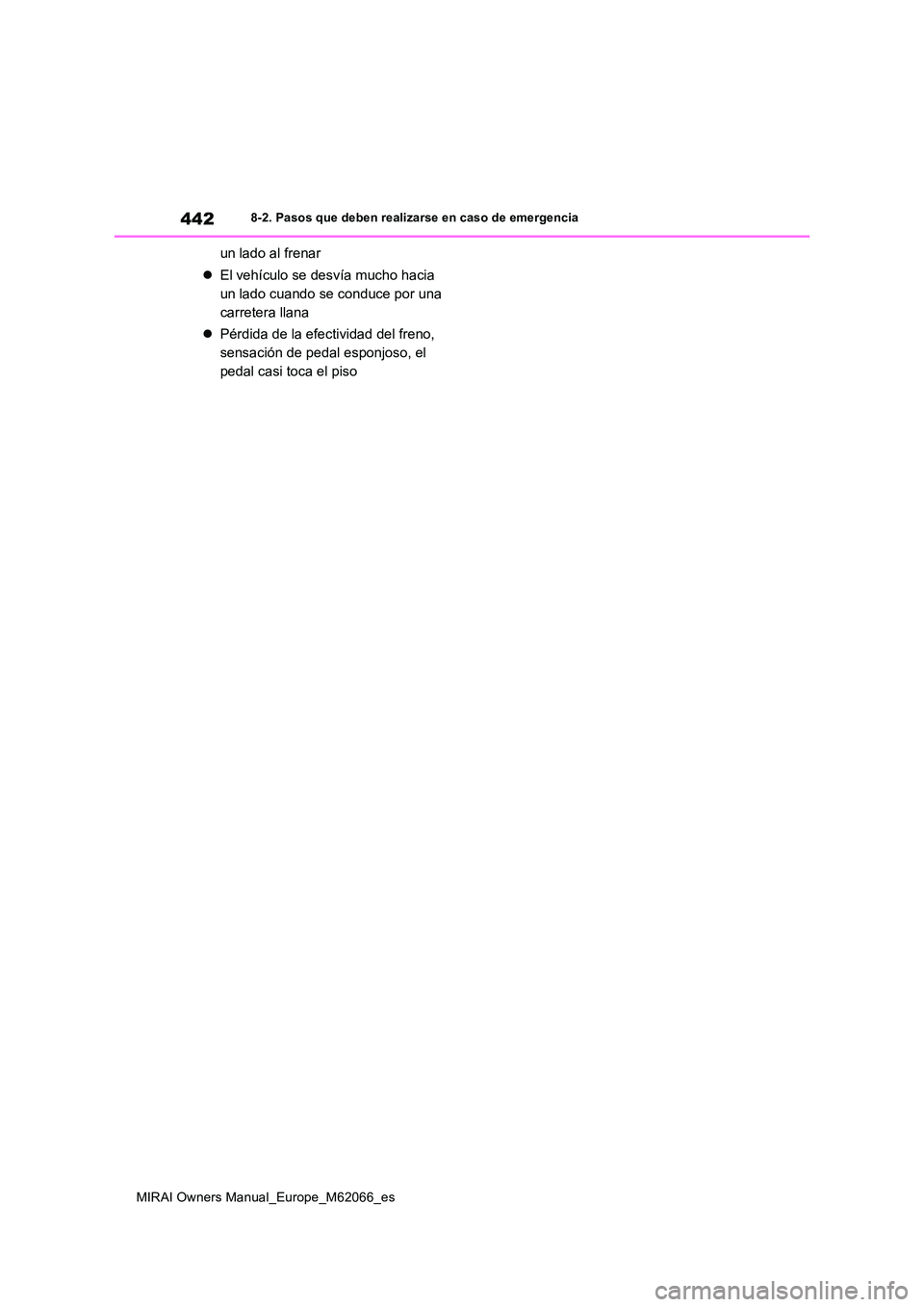 TOYOTA MIRAI 2020 Manual del propietario (in Spanish) 442
MIRAI Owners Manual_Europe_M62066_es
8-2. Pasos que deben realizarse en caso de emergencia
un lado al frenar
El vehículo se desvía mucho hacia
un lado cuando se conduce por una
carretera TOYOTA MIRAI 2020 Manual del propietario (in Spanish) 442
MIRAI Owners Manual_Europe_M62066_es
8-2. Pasos que deben realizarse en caso de emergencia
un lado al frenar
El vehículo se desvía mucho hacia
un lado cuando se conduce por una
carretera