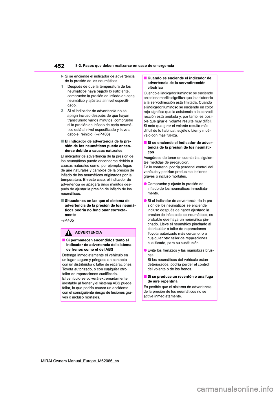 TOYOTA MIRAI 2020 Manual del propietario (in Spanish) 452
MIRAI Owners Manual_Europe_M62066_es
8-2. Pasos que deben realizarse en caso de emergencia
Si se enciende el indicador de advertencia de la presión de los neumáticos
1 Después de que la te TOYOTA MIRAI 2020 Manual del propietario (in Spanish) 452
MIRAI Owners Manual_Europe_M62066_es
8-2. Pasos que deben realizarse en caso de emergencia
Si se enciende el indicador de advertencia de la presión de los neumáticos
1 Después de que la te