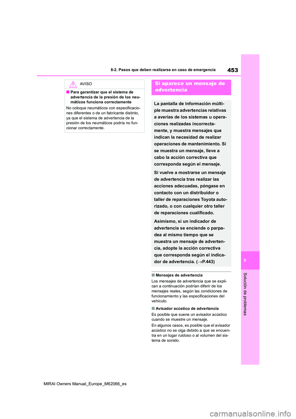 TOYOTA MIRAI 2020 Manual del propietario (in Spanish) 453
8
MIRAI Owners Manual_Europe_M62066_es
8-2. Pasos que deben realizarse en caso de emergencia
Solución de problemas■Mensajes de advertencia
Los mensajes de advertencia que se expli- can a conti TOYOTA MIRAI 2020 Manual del propietario (in Spanish) 453
8
MIRAI Owners Manual_Europe_M62066_es
8-2. Pasos que deben realizarse en caso de emergencia
Solución de problemas■Mensajes de advertencia
Los mensajes de advertencia que se expli- can a conti