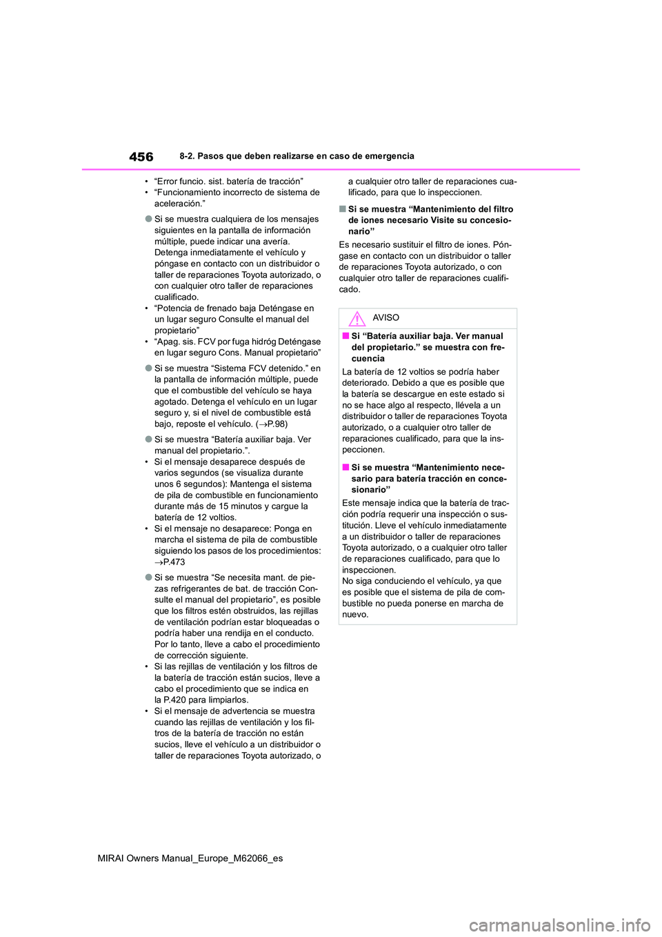 TOYOTA MIRAI 2020 Manual del propietario (in Spanish) 456
MIRAI Owners Manual_Europe_M62066_es
8-2. Pasos que deben realizarse en caso de emergencia
• “Error funcio. sist. batería de tracción” • “Funcionamiento incorrecto de sistema de acele TOYOTA MIRAI 2020 Manual del propietario (in Spanish) 456
MIRAI Owners Manual_Europe_M62066_es
8-2. Pasos que deben realizarse en caso de emergencia
• “Error funcio. sist. batería de tracción” • “Funcionamiento incorrecto de sistema de acele