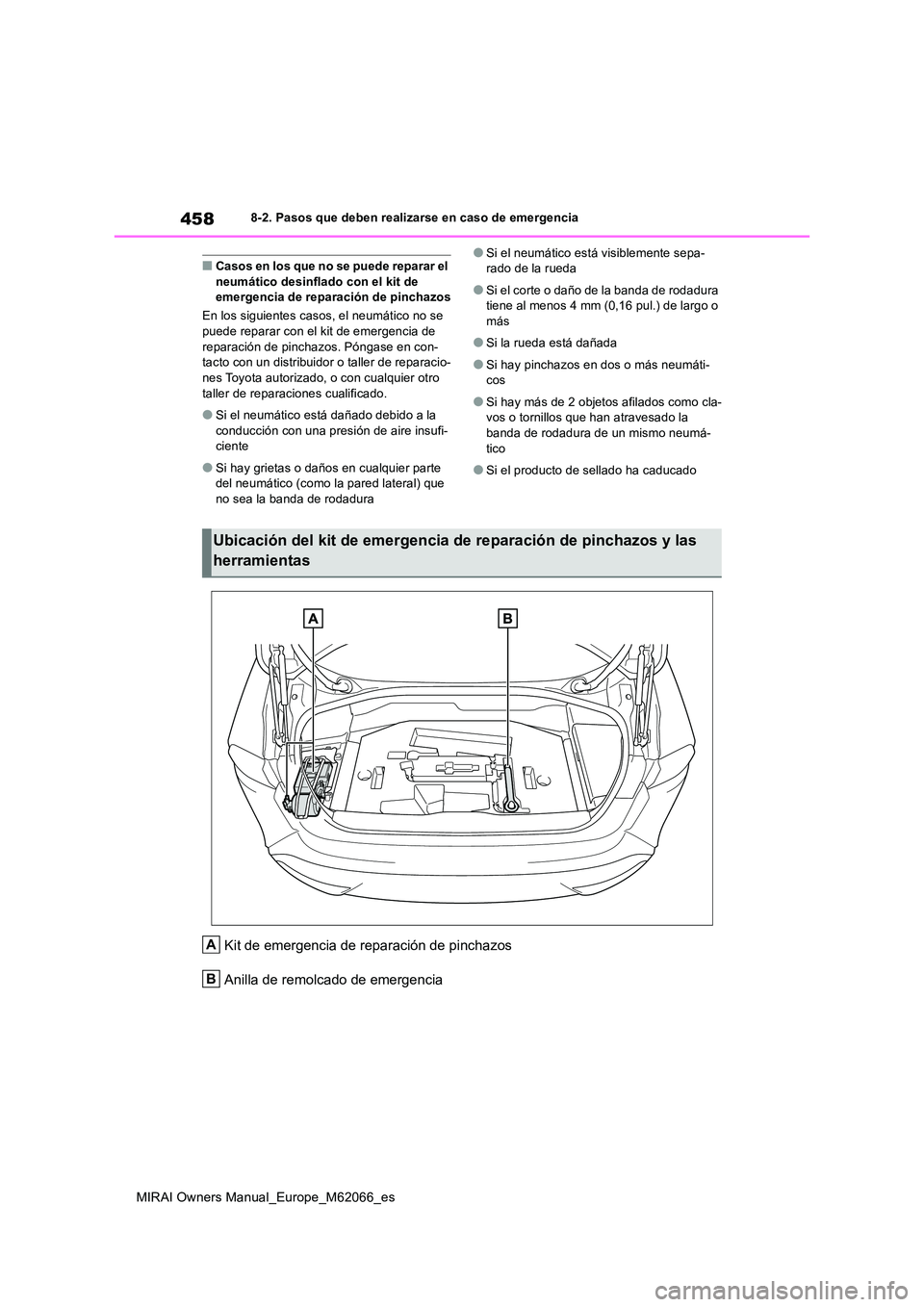 TOYOTA MIRAI 2020 Manual del propietario (in Spanish) 458
MIRAI Owners Manual_Europe_M62066_es
8-2. Pasos que deben realizarse en caso de emergencia
■Casos en los que no se puede reparar el neumático desinflado con el kit de emergencia de reparación TOYOTA MIRAI 2020 Manual del propietario (in Spanish) 458
MIRAI Owners Manual_Europe_M62066_es
8-2. Pasos que deben realizarse en caso de emergencia
■Casos en los que no se puede reparar el neumático desinflado con el kit de emergencia de reparación