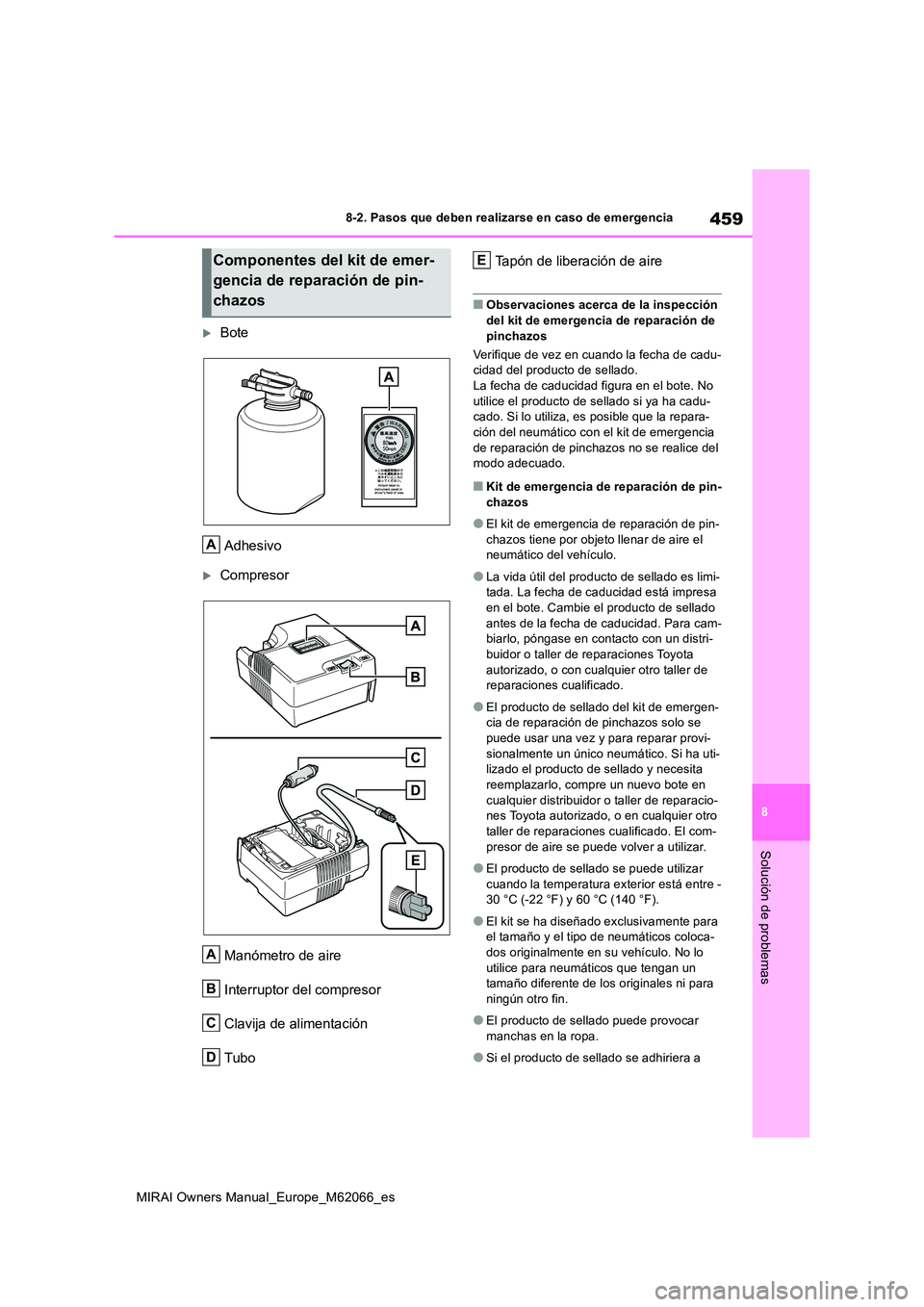TOYOTA MIRAI 2020 Manual del propietario (in Spanish) 459
8
MIRAI Owners Manual_Europe_M62066_es
8-2. Pasos que deben realizarse en caso de emergencia
Solución de problemas
Bote
Adhesivo
Compresor
Manómetro de aire
Interruptor del compresor
C TOYOTA MIRAI 2020 Manual del propietario (in Spanish) 459
8
MIRAI Owners Manual_Europe_M62066_es
8-2. Pasos que deben realizarse en caso de emergencia
Solución de problemas
Bote
Adhesivo
Compresor
Manómetro de aire
Interruptor del compresor
C