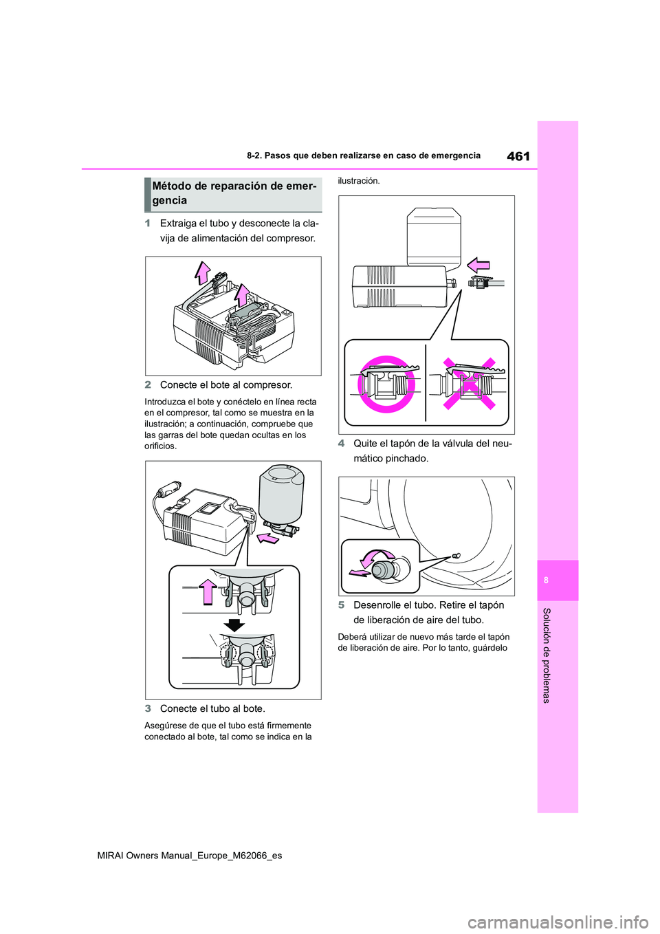 TOYOTA MIRAI 2020 Manual del propietario (in Spanish) 461
8
MIRAI Owners Manual_Europe_M62066_es
8-2. Pasos que deben realizarse en caso de emergencia
Solución de problemas
1Extraiga el tubo y desconecte la cla-
vija de alimentación del compresor.
2 TOYOTA MIRAI 2020 Manual del propietario (in Spanish) 461
8
MIRAI Owners Manual_Europe_M62066_es
8-2. Pasos que deben realizarse en caso de emergencia
Solución de problemas
1Extraiga el tubo y desconecte la cla-
vija de alimentación del compresor.
2