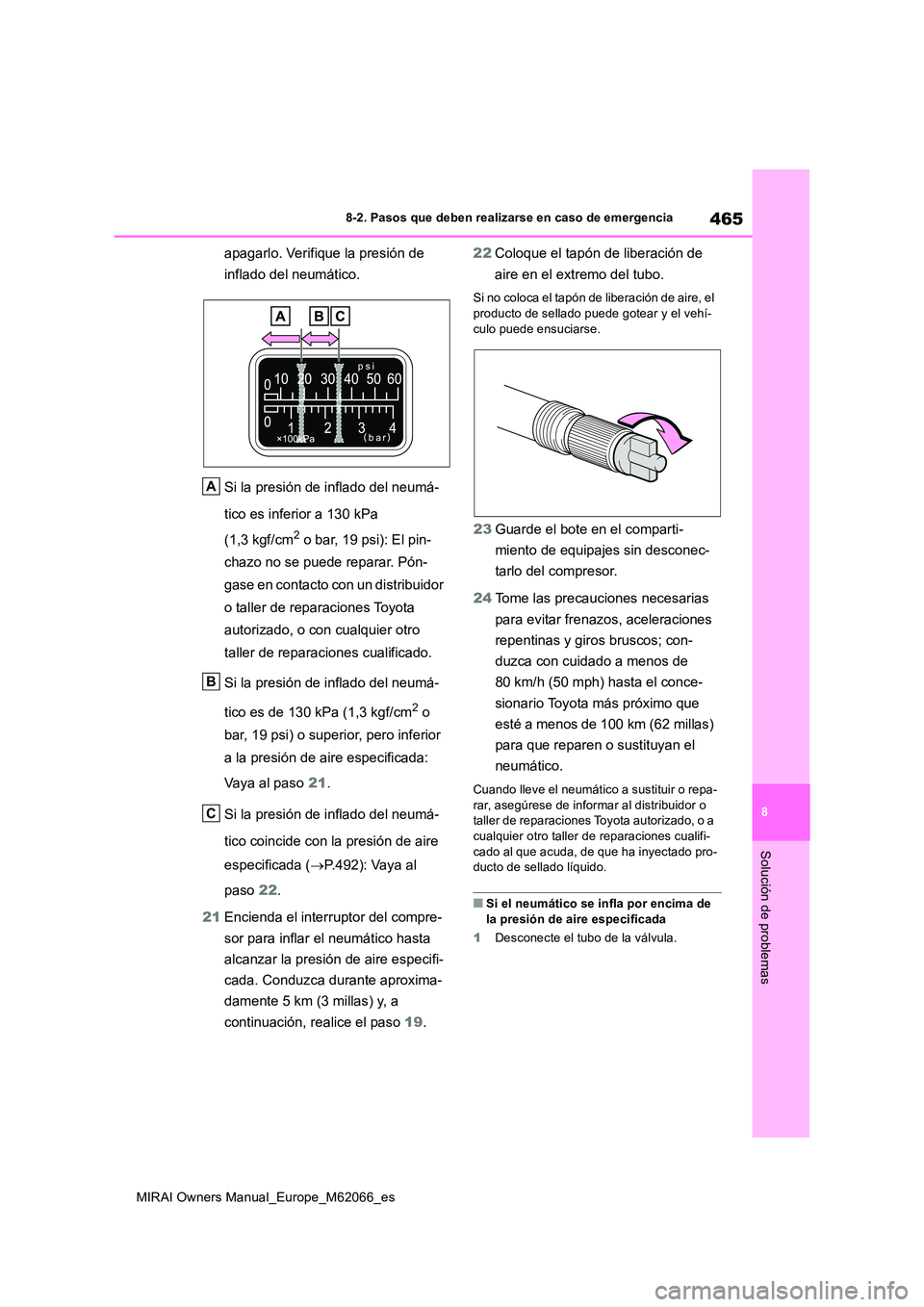 TOYOTA MIRAI 2020 Manual del propietario (in Spanish) 465
8
MIRAI Owners Manual_Europe_M62066_es
8-2. Pasos que deben realizarse en caso de emergencia
Solución de problemas
apagarlo. Verifique la presión de
inflado del neumático.
Si la presión de TOYOTA MIRAI 2020 Manual del propietario (in Spanish) 465
8
MIRAI Owners Manual_Europe_M62066_es
8-2. Pasos que deben realizarse en caso de emergencia
Solución de problemas
apagarlo. Verifique la presión de
inflado del neumático.
Si la presión de