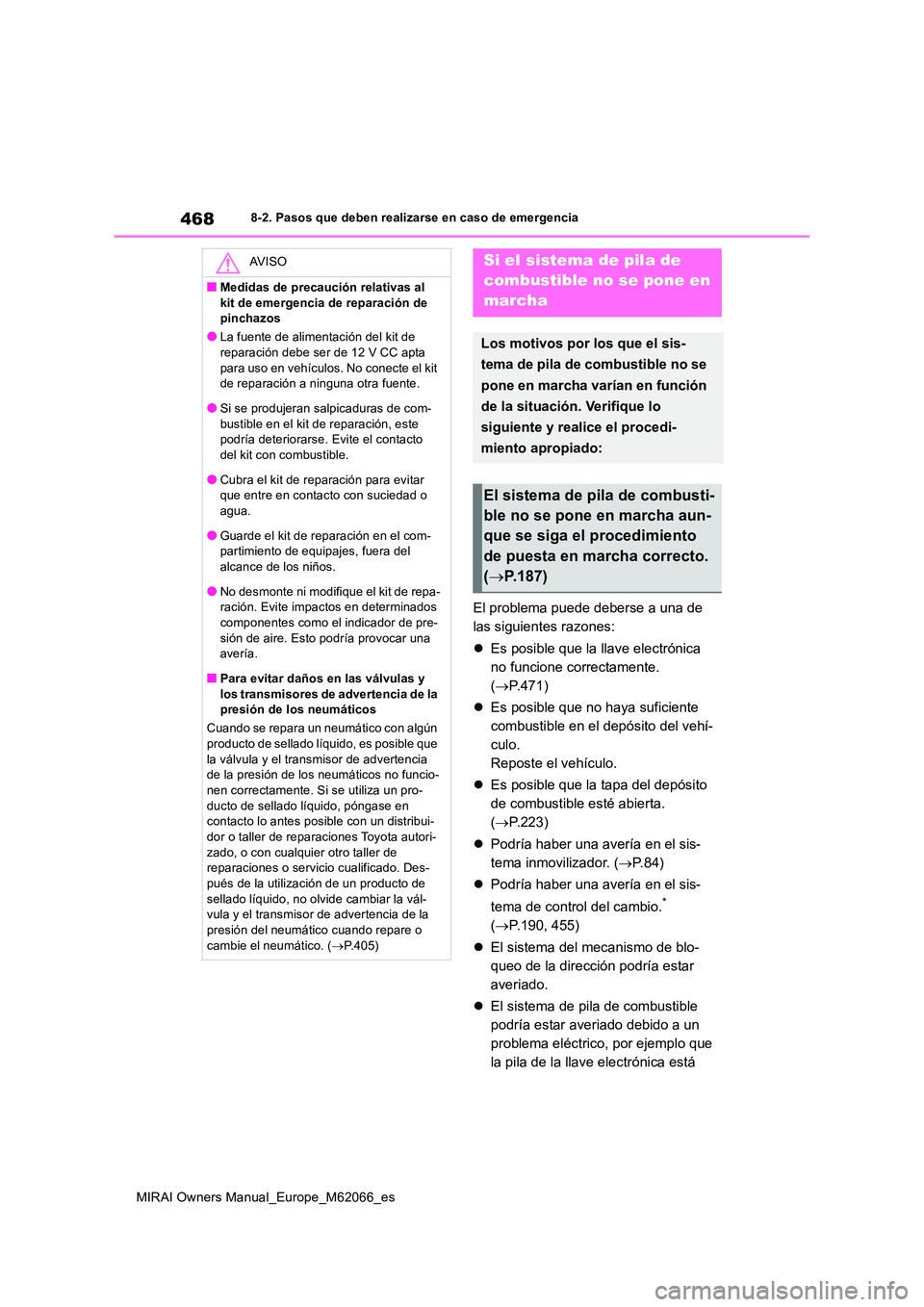 TOYOTA MIRAI 2020 Manual del propietario (in Spanish) 468
MIRAI Owners Manual_Europe_M62066_es
8-2. Pasos que deben realizarse en caso de emergencia
El problema puede deberse a una de
las siguientes razones:
Es posible que la llave electrónica
TOYOTA MIRAI 2020 Manual del propietario (in Spanish) 468
MIRAI Owners Manual_Europe_M62066_es
8-2. Pasos que deben realizarse en caso de emergencia
El problema puede deberse a una de
las siguientes razones:
Es posible que la llave electrónica