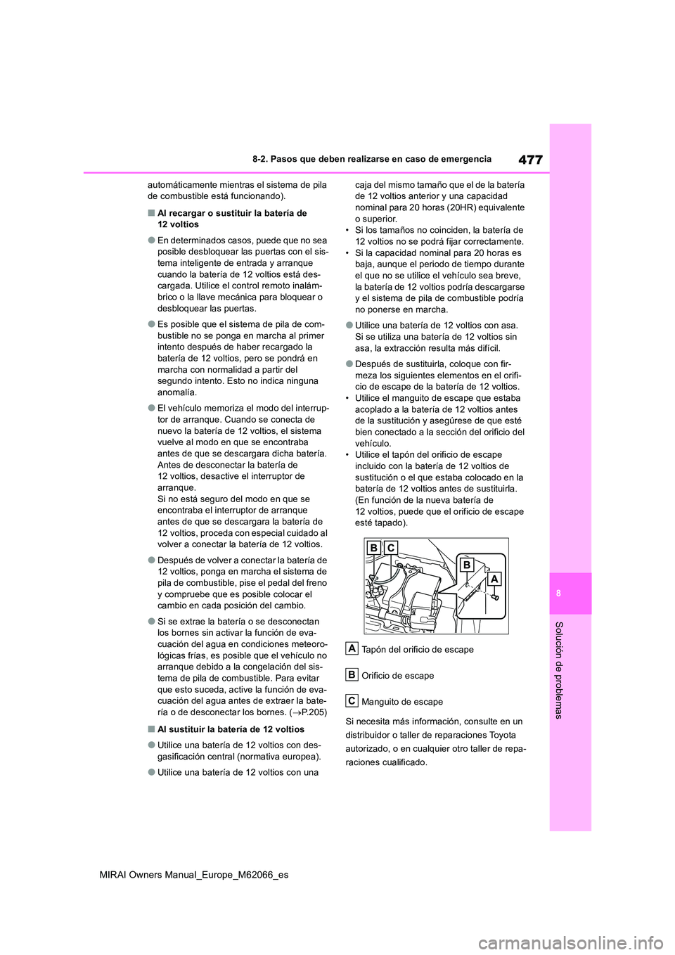 TOYOTA MIRAI 2020 Manual del propietario (in Spanish) 477
8
MIRAI Owners Manual_Europe_M62066_es
8-2. Pasos que deben realizarse en caso de emergencia
Solución de problemas
automáticamente mientras el sistema de pila de combustible está funcionando). TOYOTA MIRAI 2020 Manual del propietario (in Spanish) 477
8
MIRAI Owners Manual_Europe_M62066_es
8-2. Pasos que deben realizarse en caso de emergencia
Solución de problemas
automáticamente mientras el sistema de pila de combustible está funcionando).