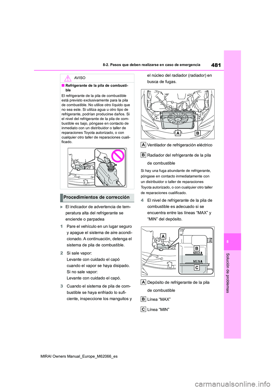 TOYOTA MIRAI 2020 Manual del propietario (in Spanish) 481
8
MIRAI Owners Manual_Europe_M62066_es
8-2. Pasos que deben realizarse en caso de emergencia
Solución de problemas
El indicador de advertencia de tem-
peratura alta del refrigerante se
enci TOYOTA MIRAI 2020 Manual del propietario (in Spanish) 481
8
MIRAI Owners Manual_Europe_M62066_es
8-2. Pasos que deben realizarse en caso de emergencia
Solución de problemas
El indicador de advertencia de tem-
peratura alta del refrigerante se
enci