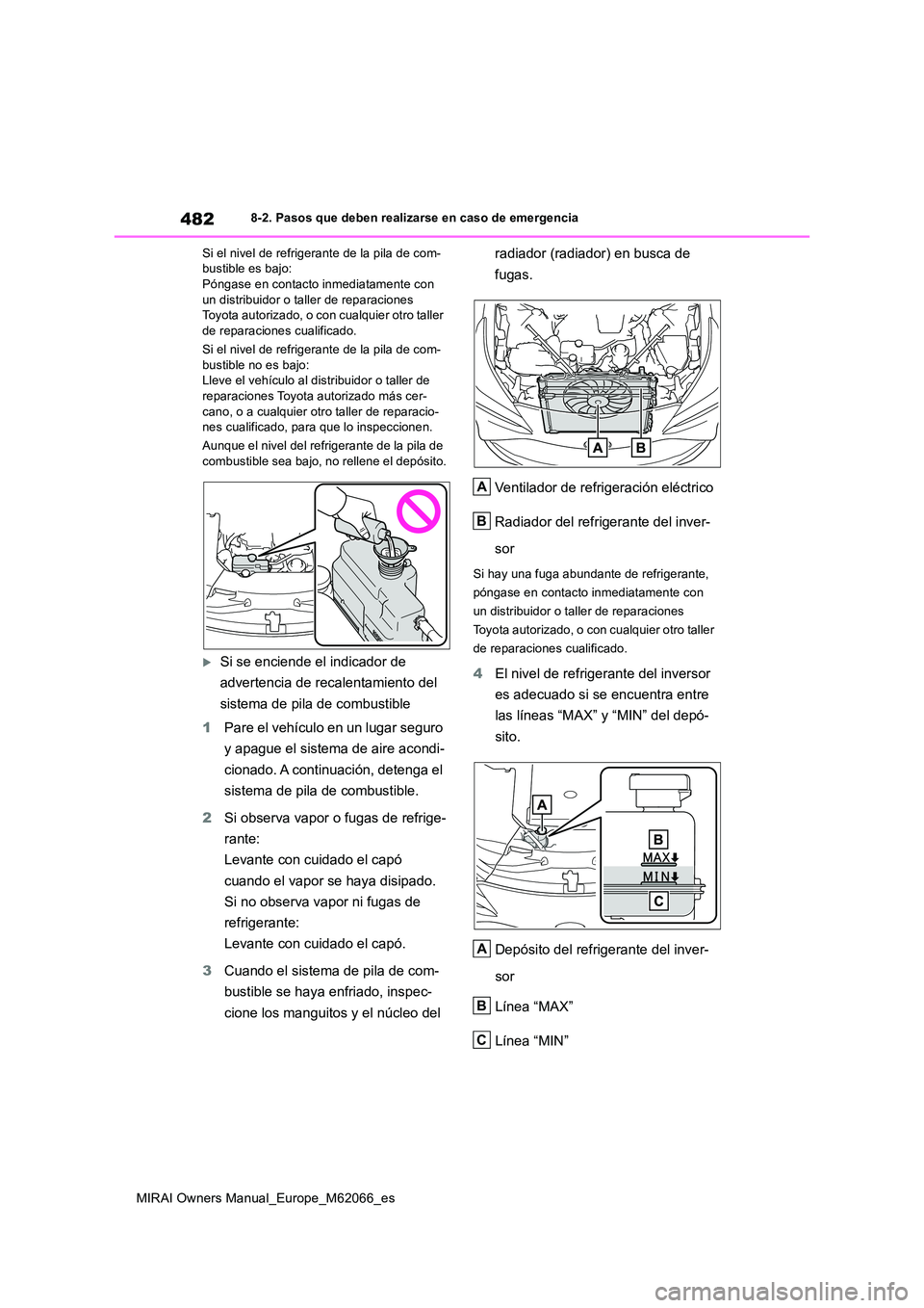 TOYOTA MIRAI 2020 Manual del propietario (in Spanish) 482
MIRAI Owners Manual_Europe_M62066_es
8-2. Pasos que deben realizarse en caso de emergencia
Si el nivel de refrigerante de la pila de com- bustible es bajo:Póngase en contacto inmediatamente con TOYOTA MIRAI 2020 Manual del propietario (in Spanish) 482
MIRAI Owners Manual_Europe_M62066_es
8-2. Pasos que deben realizarse en caso de emergencia
Si el nivel de refrigerante de la pila de com- bustible es bajo:Póngase en contacto inmediatamente con
