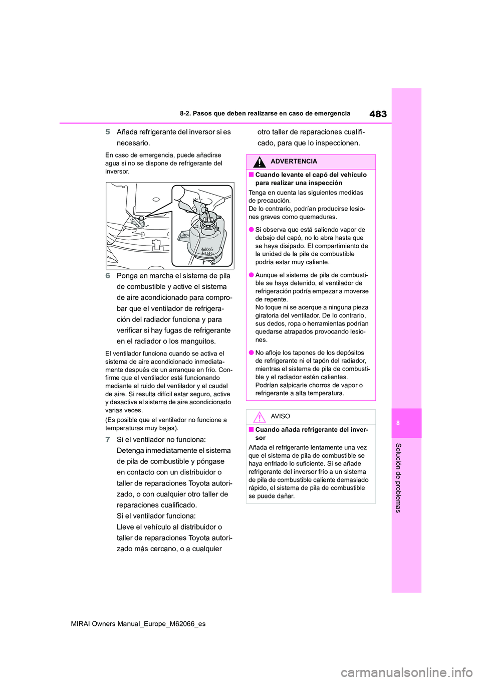 TOYOTA MIRAI 2020 Manual del propietario (in Spanish) 483
8
MIRAI Owners Manual_Europe_M62066_es
8-2. Pasos que deben realizarse en caso de emergencia
Solución de problemas
5Añada refrigerante del inversor si es
necesario.
En caso de emergencia, pued TOYOTA MIRAI 2020 Manual del propietario (in Spanish) 483
8
MIRAI Owners Manual_Europe_M62066_es
8-2. Pasos que deben realizarse en caso de emergencia
Solución de problemas
5Añada refrigerante del inversor si es
necesario.
En caso de emergencia, pued