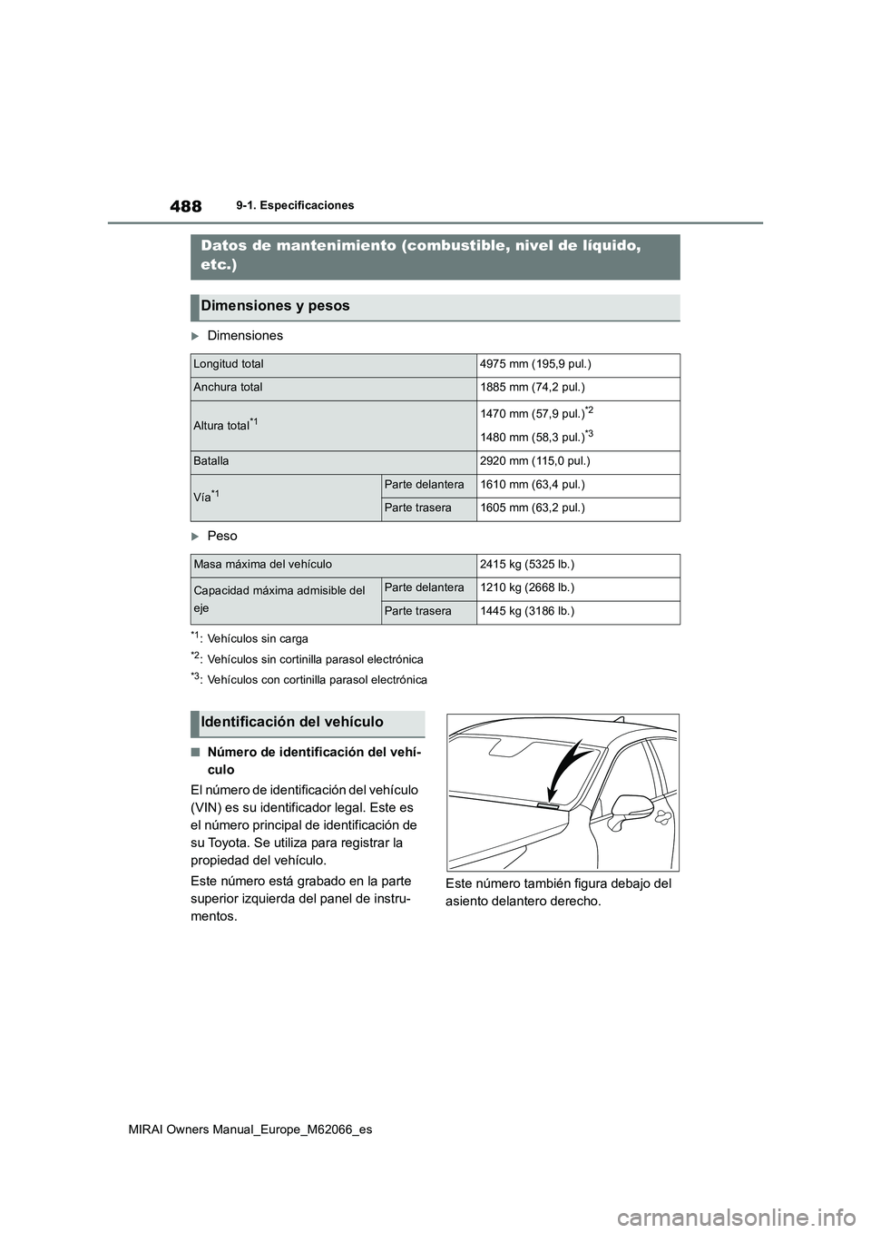 TOYOTA MIRAI 2020 Manual del propietario (in Spanish) 488
MIRAI Owners Manual_Europe_M62066_es
9-1. Especificaciones
9-1.Espe cificacione s
Dimensiones
Peso
*1: Vehículos sin carga
*2: Vehículos sin cortinilla parasol electrónica
*3: Vehículos TOYOTA MIRAI 2020 Manual del propietario (in Spanish) 488
MIRAI Owners Manual_Europe_M62066_es
9-1. Especificaciones
9-1.Espe cificacione s
Dimensiones
Peso
*1: Vehículos sin carga
*2: Vehículos sin cortinilla parasol electrónica
*3: Vehículos