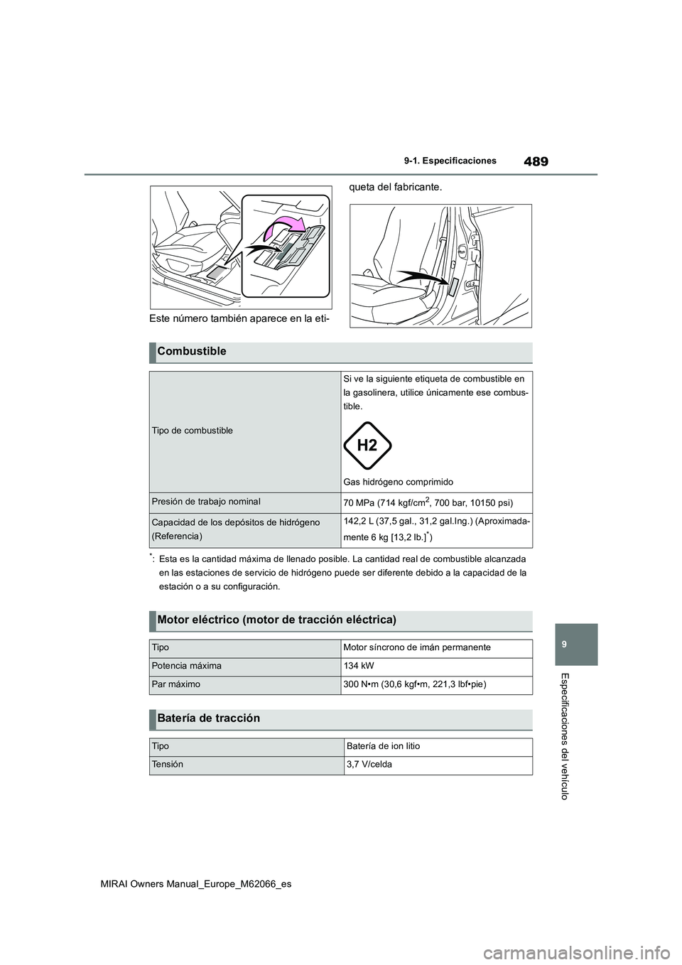 TOYOTA MIRAI 2020 Manual del propietario (in Spanish) 489
9
MIRAI Owners Manual_Europe_M62066_es
9-1. Especificaciones
Especificaciones del vehículo
Este número también aparece en la eti-queta del fabricante.
*: Esta es la cantidad máxima de llenado TOYOTA MIRAI 2020 Manual del propietario (in Spanish) 489
9
MIRAI Owners Manual_Europe_M62066_es
9-1. Especificaciones
Especificaciones del vehículo
Este número también aparece en la eti-queta del fabricante.
*: Esta es la cantidad máxima de llenado