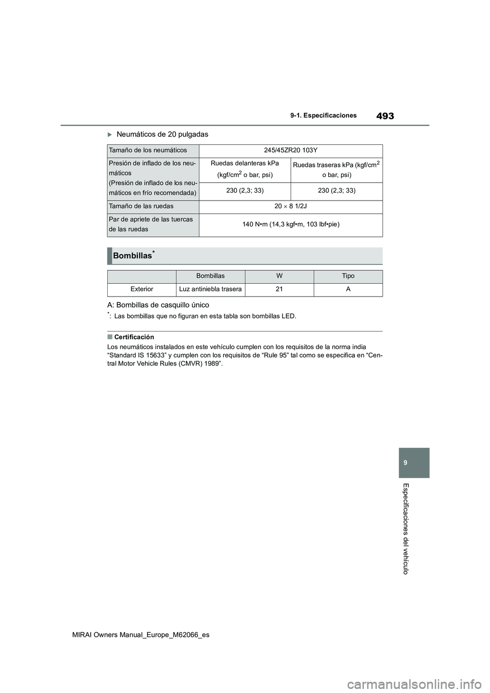 TOYOTA MIRAI 2020 Manual del propietario (in Spanish) 493
9
MIRAI Owners Manual_Europe_M62066_es
9-1. Especificaciones
Especificaciones del vehículo
Neumáticos de 20 pulgadas
A: Bombillas de casquillo único
*: Las bombillas que no figuran en esta t TOYOTA MIRAI 2020 Manual del propietario (in Spanish) 493
9
MIRAI Owners Manual_Europe_M62066_es
9-1. Especificaciones
Especificaciones del vehículo
Neumáticos de 20 pulgadas
A: Bombillas de casquillo único
*: Las bombillas que no figuran en esta t