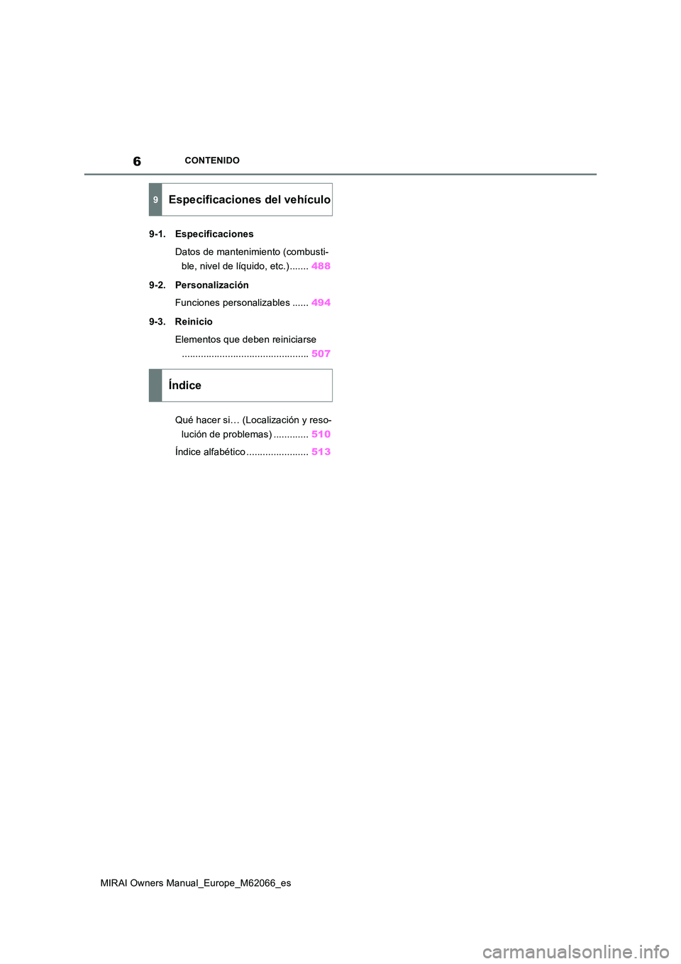 TOYOTA MIRAI 2020  Manual del propietario (in Spanish) 6
MIRAI Owners Manual_Europe_M62066_es
CONTENIDO
9-1. Especificaciones 
Datos de mantenimiento (combusti- 
ble, nivel de líquido, etc.) ....... 488 
9-2. Personalización 
Funciones personalizables .