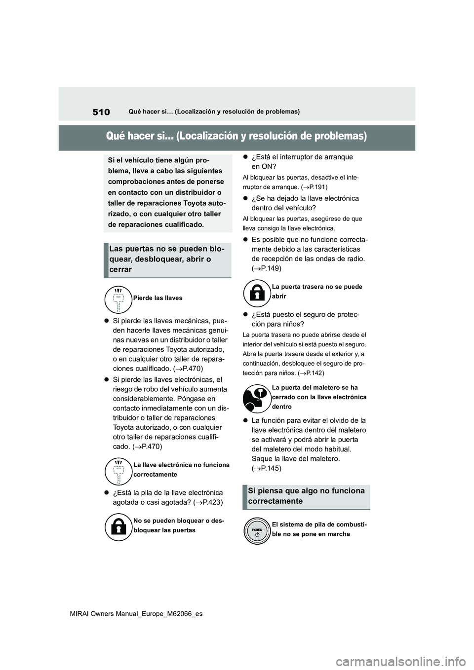 TOYOTA MIRAI 2020 Manual del propietario (in Spanish) 510
MIRAI Owners Manual_Europe_M62066_es
Qué hacer si… (Localización y resolución de problemas)
1-1.Qué hac er si… (Loca lizac ión y resolución de problemas)Qué hacer si… (Localización TOYOTA MIRAI 2020 Manual del propietario (in Spanish) 510
MIRAI Owners Manual_Europe_M62066_es
Qué hacer si… (Localización y resolución de problemas)
1-1.Qué hac er si… (Loca lizac ión y resolución de problemas)Qué hacer si… (Localización