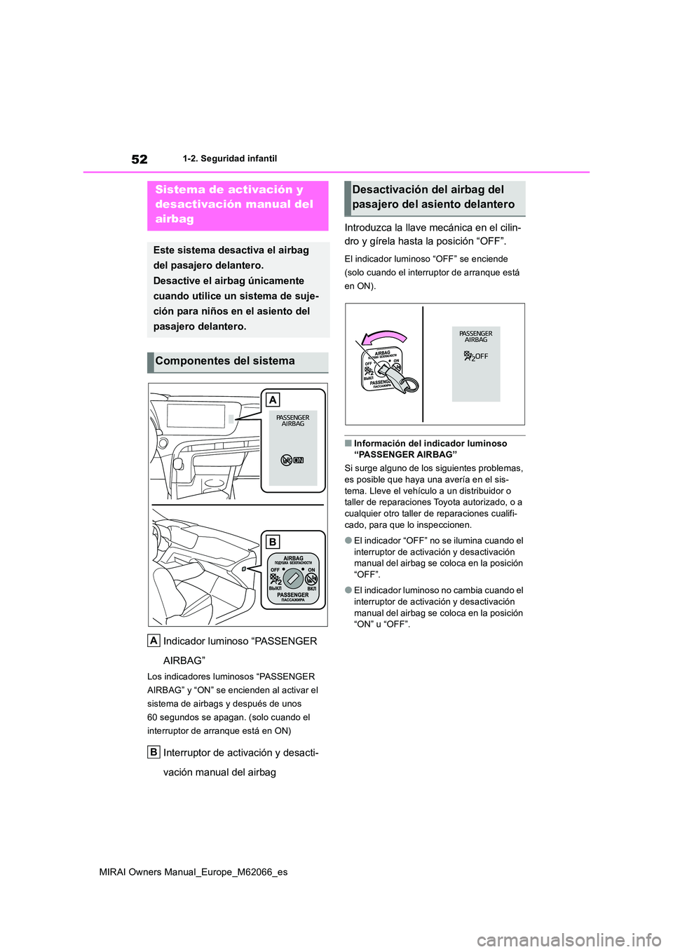 TOYOTA MIRAI 2020  Manual del propietario (in Spanish) 52
MIRAI Owners Manual_Europe_M62066_es
1-2. Seguridad infantil
1-2.Segu ridad infa ntil
Indicador luminoso “PASSENGER  
AIRBAG”
Los indicadores luminosos “PASSENGER  
AIRBAG” y “ON” se en