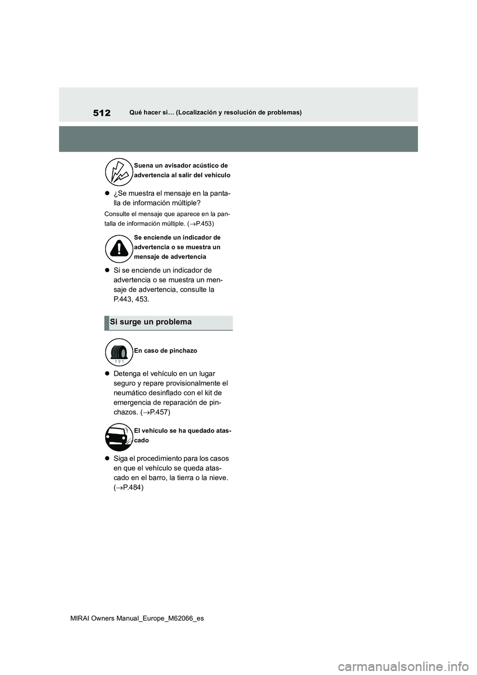 TOYOTA MIRAI 2020  Manual del propietario (in Spanish) 512
MIRAI Owners Manual_Europe_M62066_es
Qué hacer si… (Localización y resolución de problemas)
¿Se muestra el mensaje en la panta-
lla de información múltiple?
Consulte el mensaje que apar