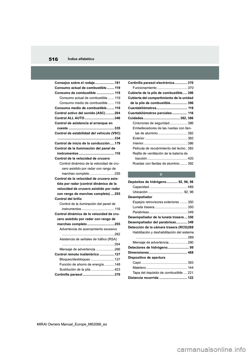 TOYOTA MIRAI 2020  Manual del propietario (in Spanish) 516
MIRAI Owners Manual_Europe_M62066_es
Índice alfabético
Consejos sobre el rodaje..................... 181
Consumo actual de combustible ........ 119
Consumo de combustible ................... 119