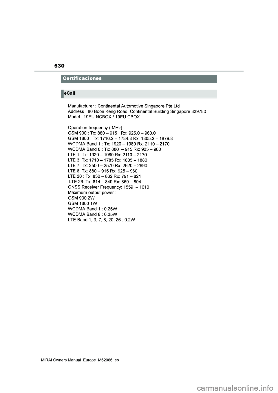 TOYOTA MIRAI 2020  Manual del propietario (in Spanish) 530
MIRAI Owners Manual_Europe_M62066_es
Certificaciones
eCall 