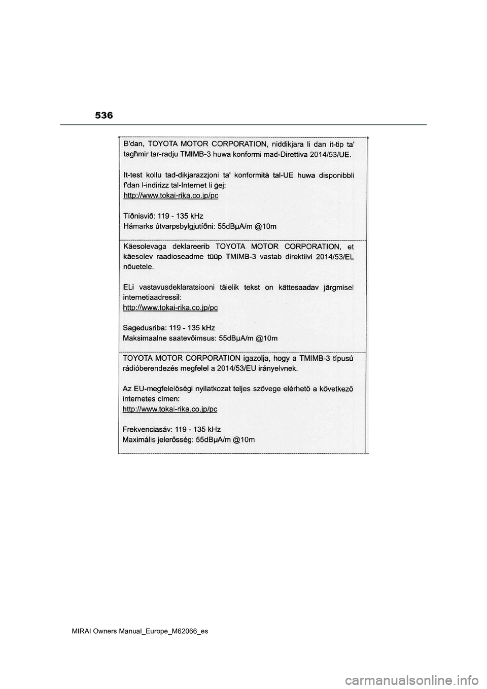 TOYOTA MIRAI 2020 Manual del propietario (in Spanish) 536
MIRAI Owners Manual_Europe_M62066_es TOYOTA MIRAI 2020 Manual del propietario (in Spanish) 536
MIRAI Owners Manual_Europe_M62066_es