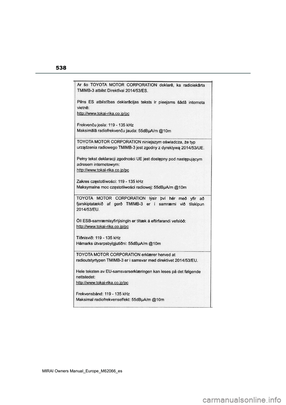 TOYOTA MIRAI 2020 Manual del propietario (in Spanish) 538
MIRAI Owners Manual_Europe_M62066_es TOYOTA MIRAI 2020 Manual del propietario (in Spanish) 538
MIRAI Owners Manual_Europe_M62066_es