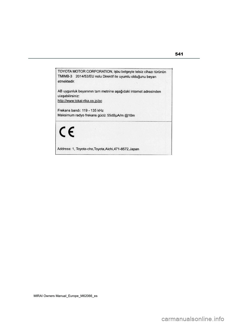 TOYOTA MIRAI 2020  Manual del propietario (in Spanish) 541
MIRAI Owners Manual_Europe_M62066_es 