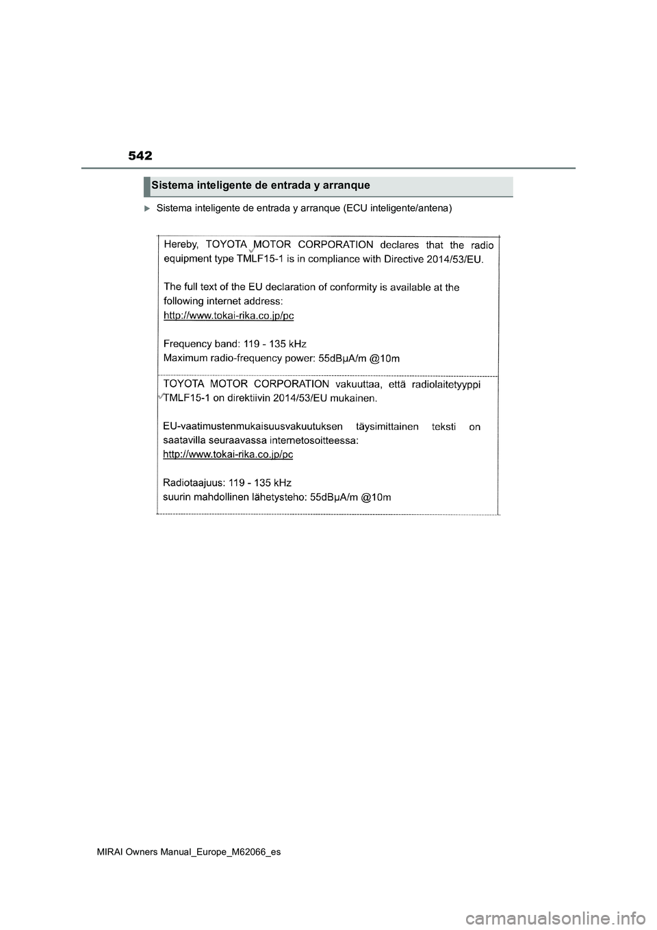 TOYOTA MIRAI 2020  Manual del propietario (in Spanish) 542
MIRAI Owners Manual_Europe_M62066_es
Sistema inteligente de entrada y arranque (ECU inteligente/antena)
Sistema inteligente de entrada y arranque 