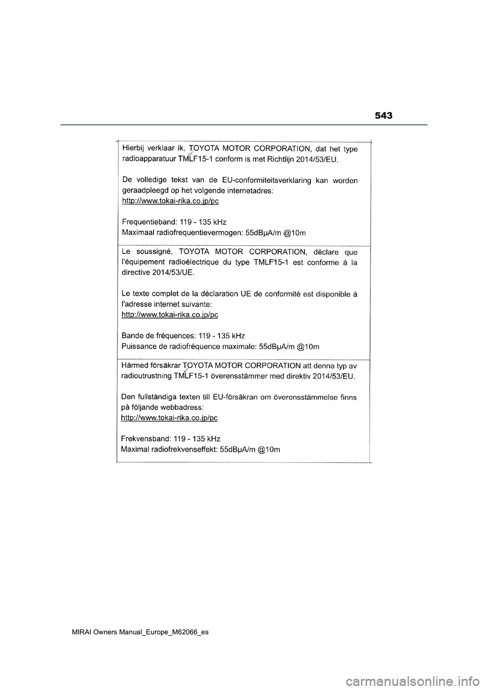 TOYOTA MIRAI 2020  Manual del propietario (in Spanish) 543
MIRAI Owners Manual_Europe_M62066_es 